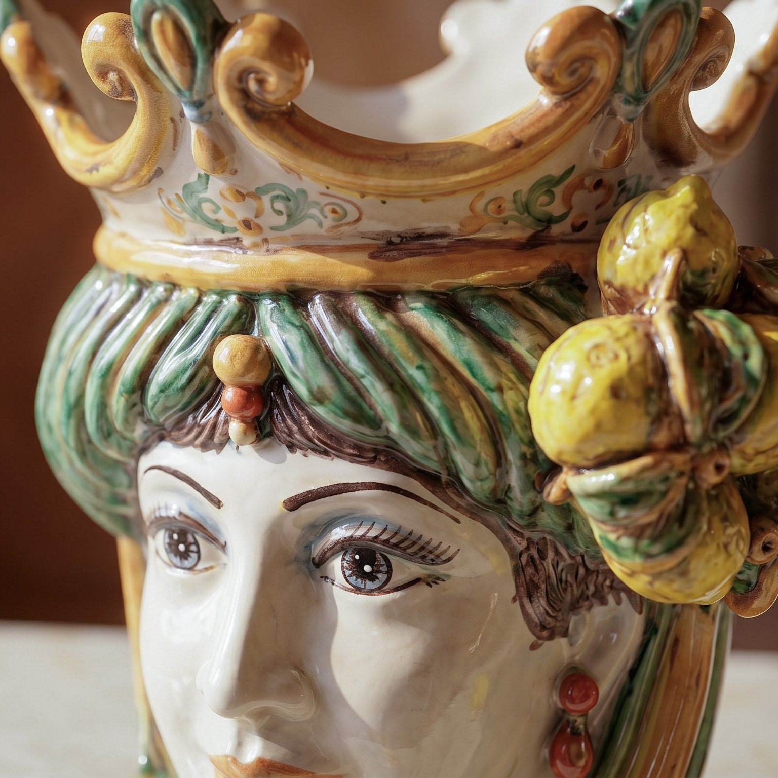 Sicilian Head Vase with Lemons H 25 cm / 9.8", Woman, Green and Orange – Testa di Moro from Caltagirone, Sicily