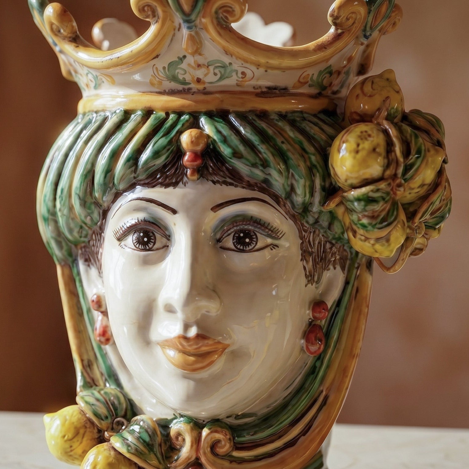 Sicilian Head Vase with Lemons H 25 cm / 9.8", Woman, Green and Orange – Testa di Moro from Caltagirone, Sicily