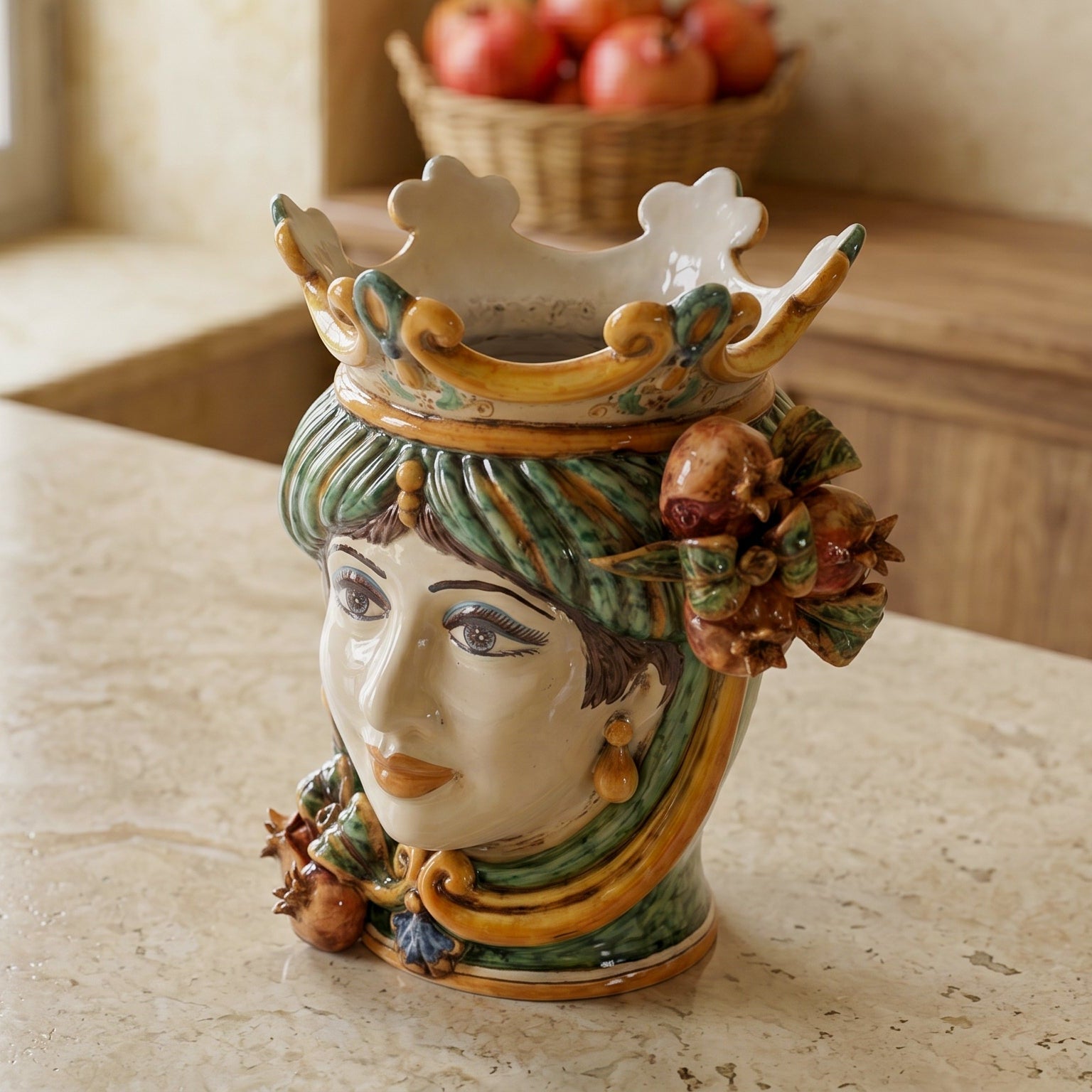Ceramic Head with pomegranate h 25 green/orange female