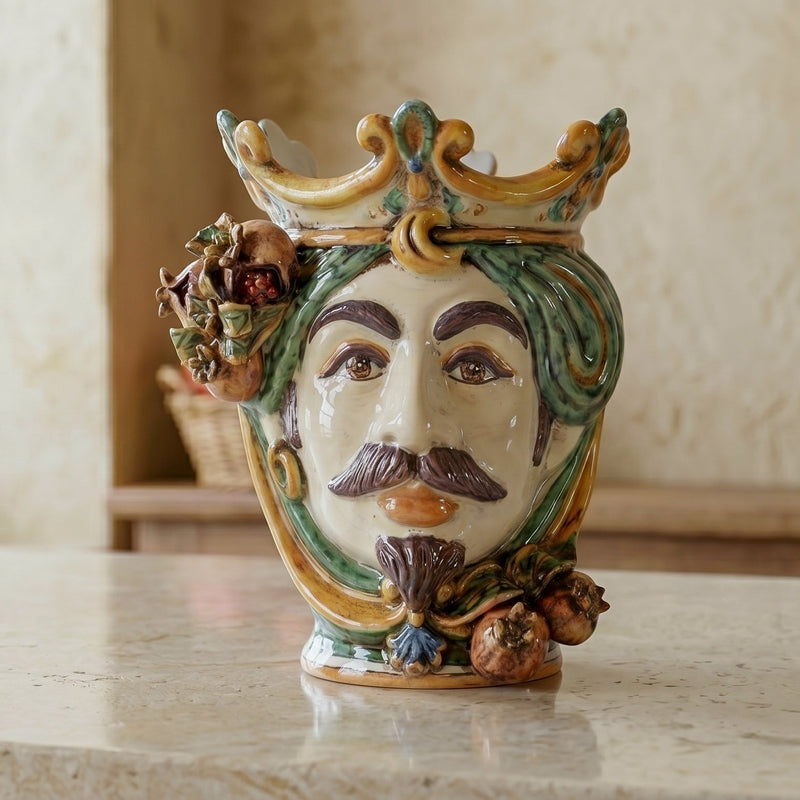 Ceramic Head with pomegranate h 25 green/orange male