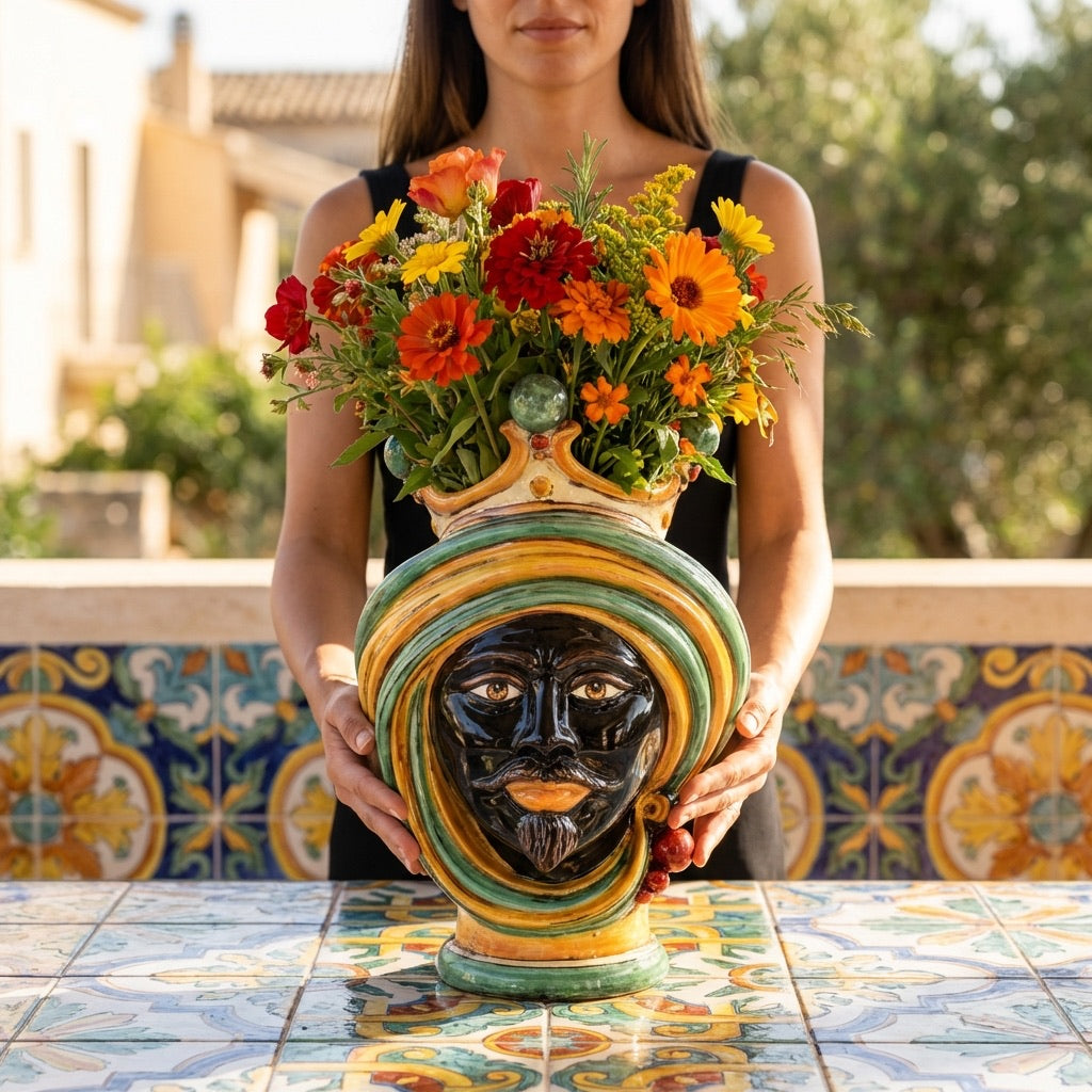 Moor Head Vase h 30 Green and Orange - Modern Moorish heads Sofia Ceramiche