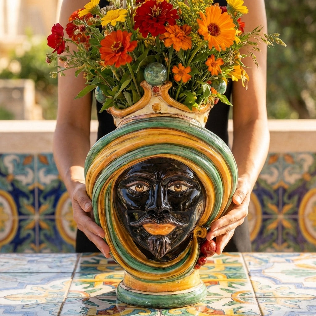 Moor Head Vase h 30 Green and Orange - Modern Moorish heads Sofia Ceramiche