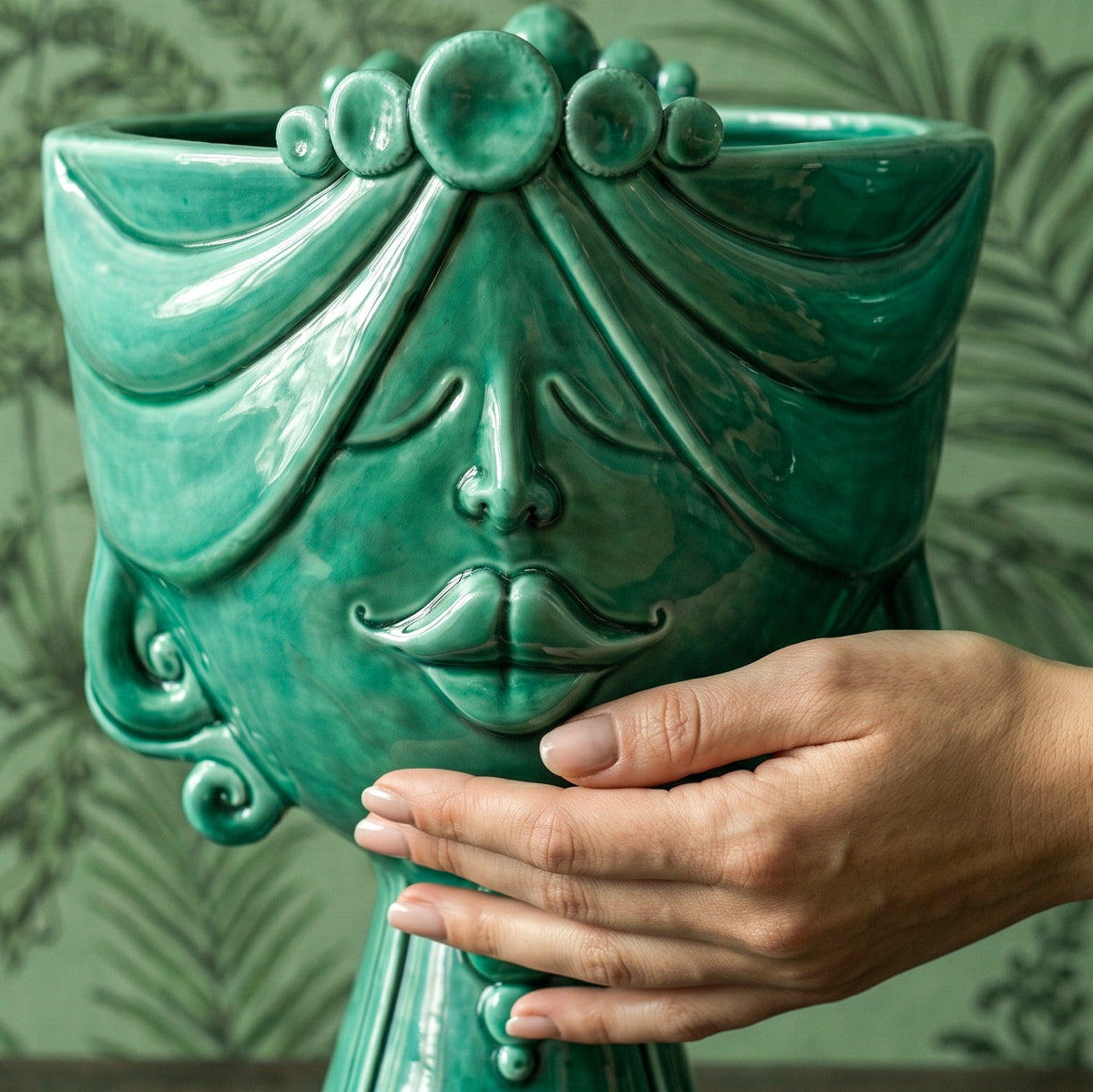 Zahira Sicilian Moor's Head H 30 cm / 11.8", Woman, Emerald Green – Testa di Moro from Caltagirone, Sicily