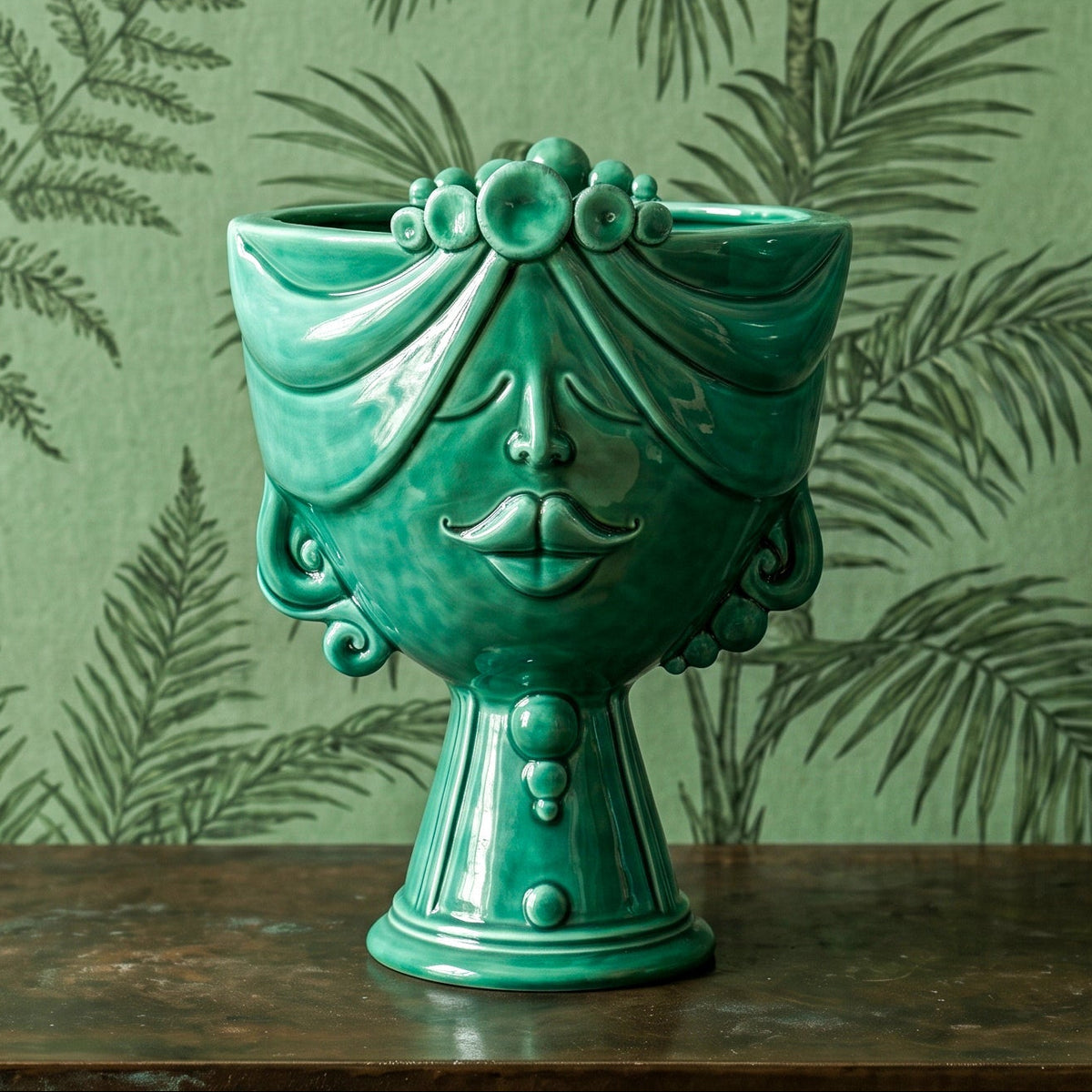 Zahira Sicilian Moor's Head H 30 cm / 11.8", Woman, Emerald Green – Testa di Moro from Caltagirone, Sicily