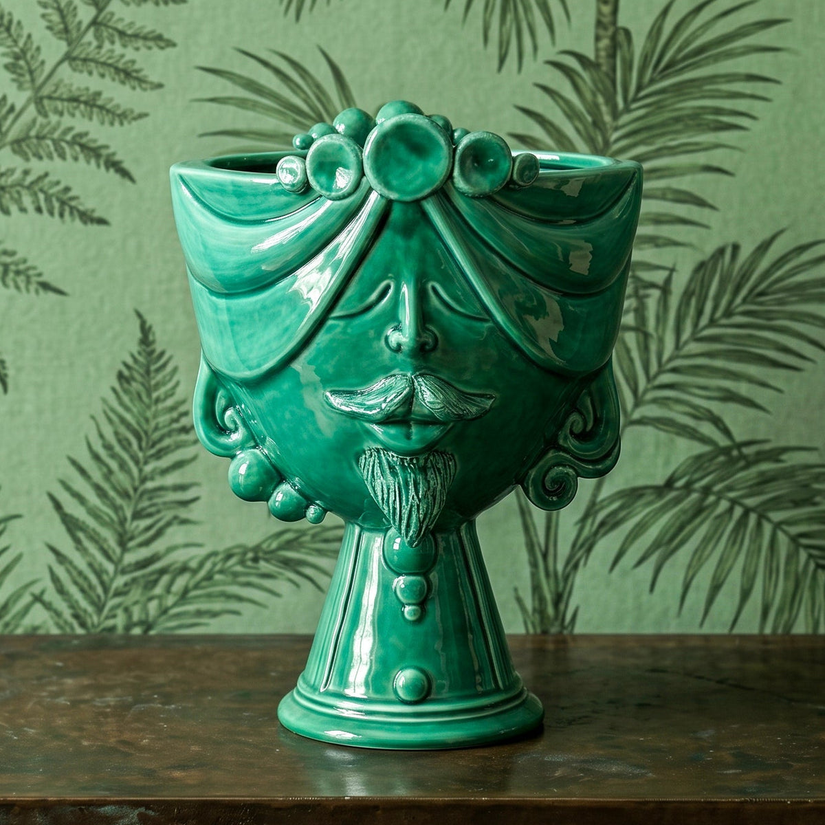 Zahira Sicilian Moor's Head H 30 cm / 11.8", Man, Emerald Green – Testa di Moro from Caltagirone, Sicily