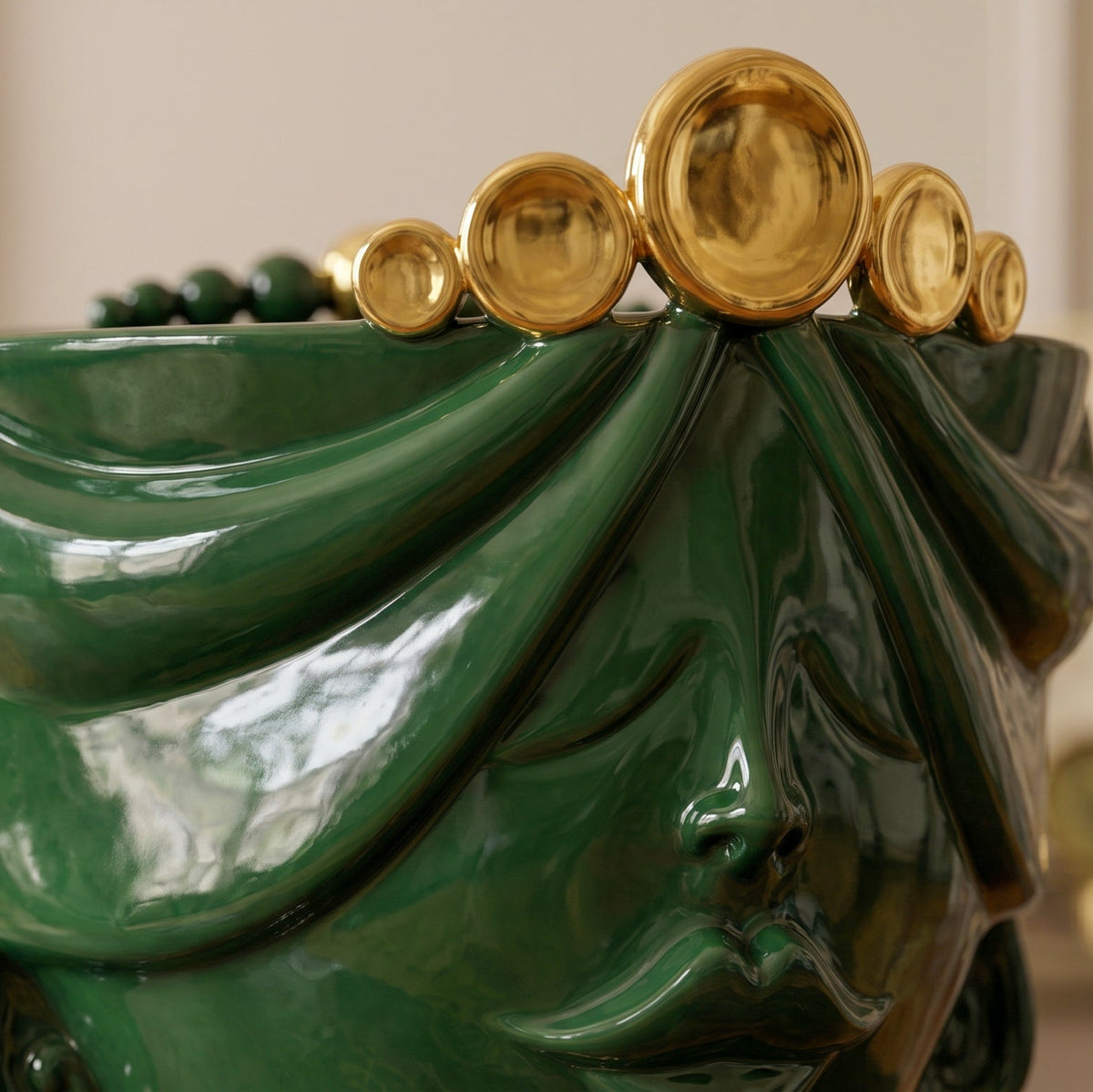Zahira Testa di Moro Vase H 30 cm / 11.8", Woman, Green and Gold – Testa di Moro from Caltagirone, Sicily