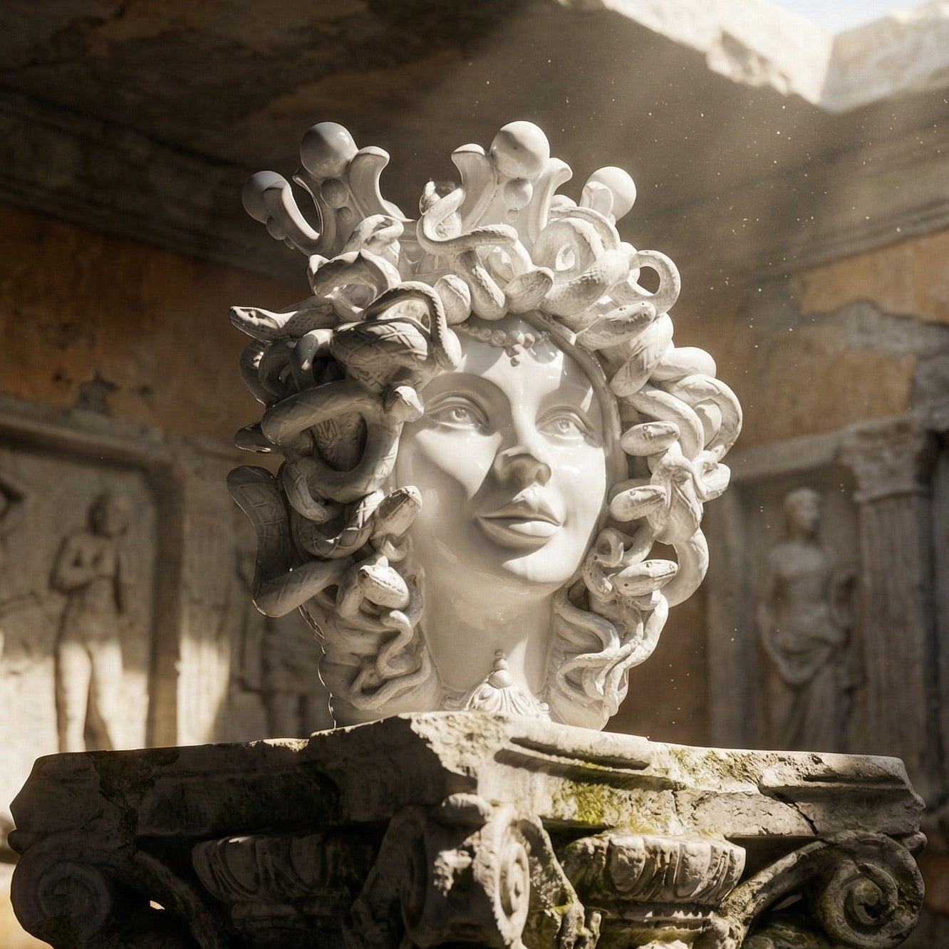 Sicilian Medusa Head Vase h 38 cm / 15¾" — White Line | Testa di Moro from Caltagirone, Sicily