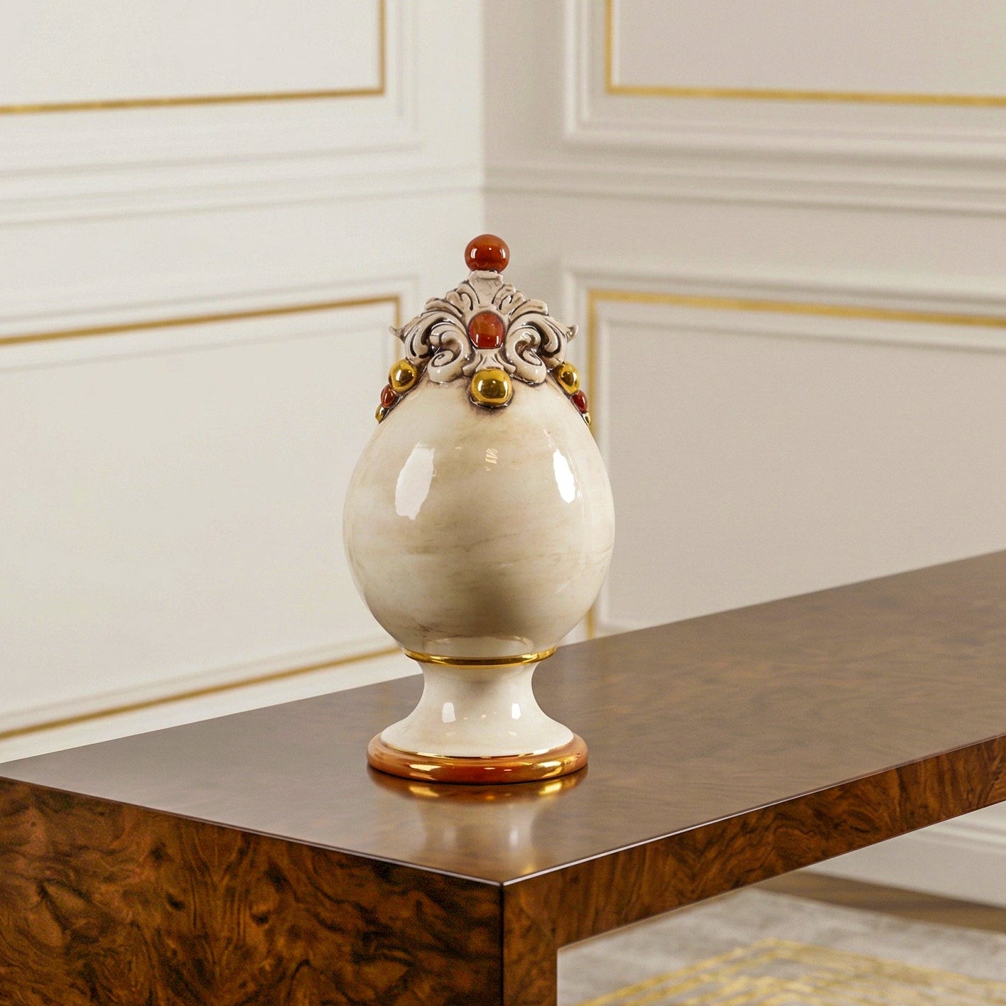 Sicilian Decorative Ceramic Egg H 18 cm / 7.1", Mother of Pearl – Sicilian majolica handcrafted in Caltagirone