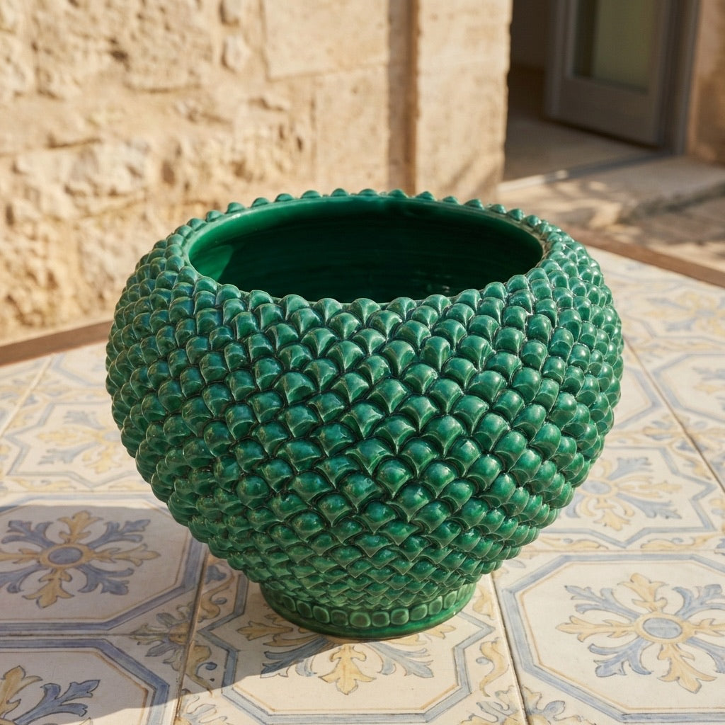 Emerald Green Pine Cone Cachepot in Handmade Caltagirone Ceramic