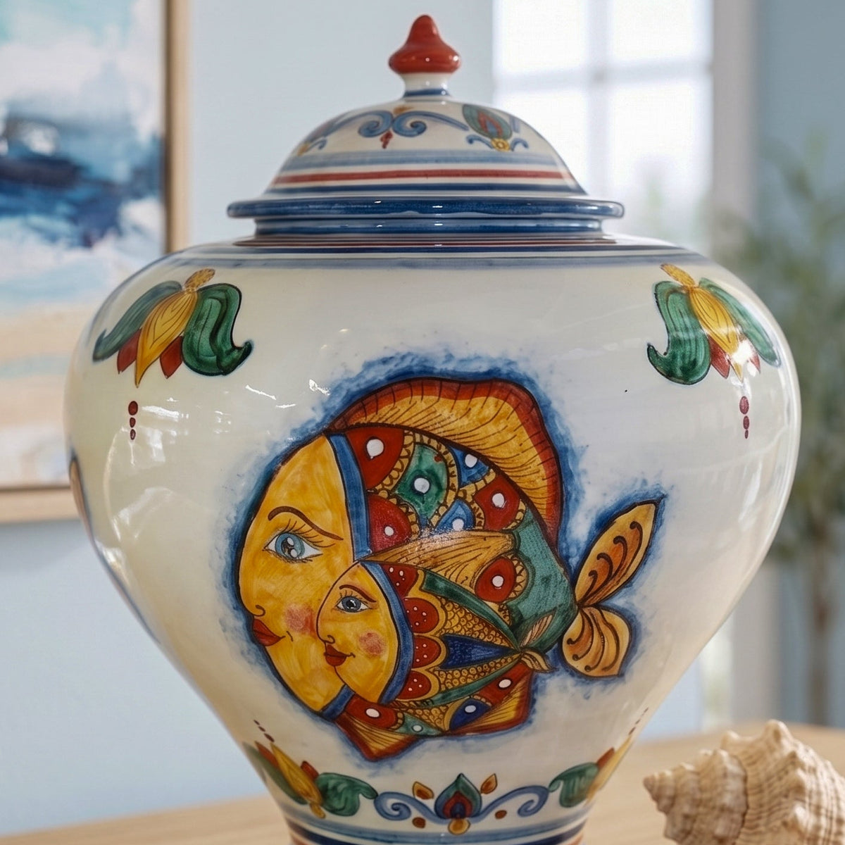 Italian Potiche Vase H 25/35 cm / 9¾-13¾", Fish Decoration – Italian ceramic from Caltagirone, Sicily
