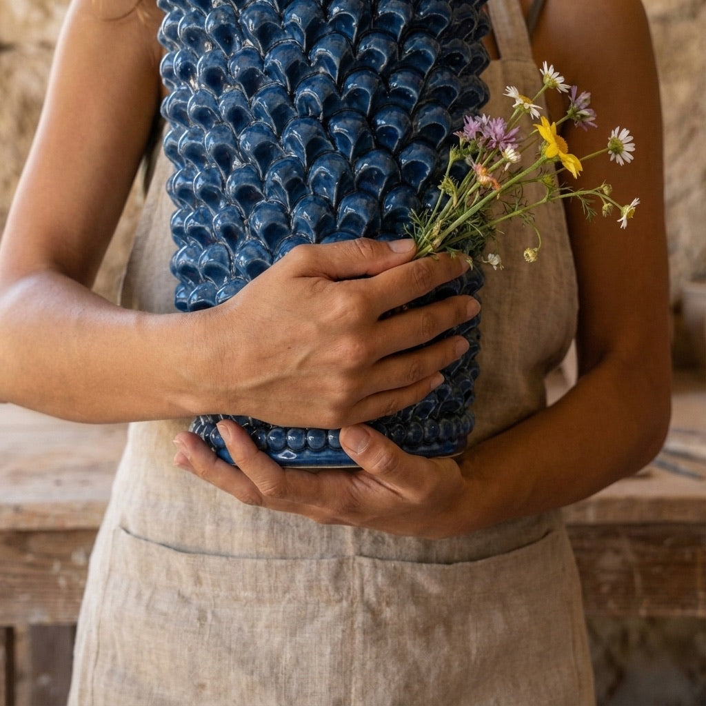 Caltagirone handmade pinecone vase modeled by hand height 25/40 in integral blue