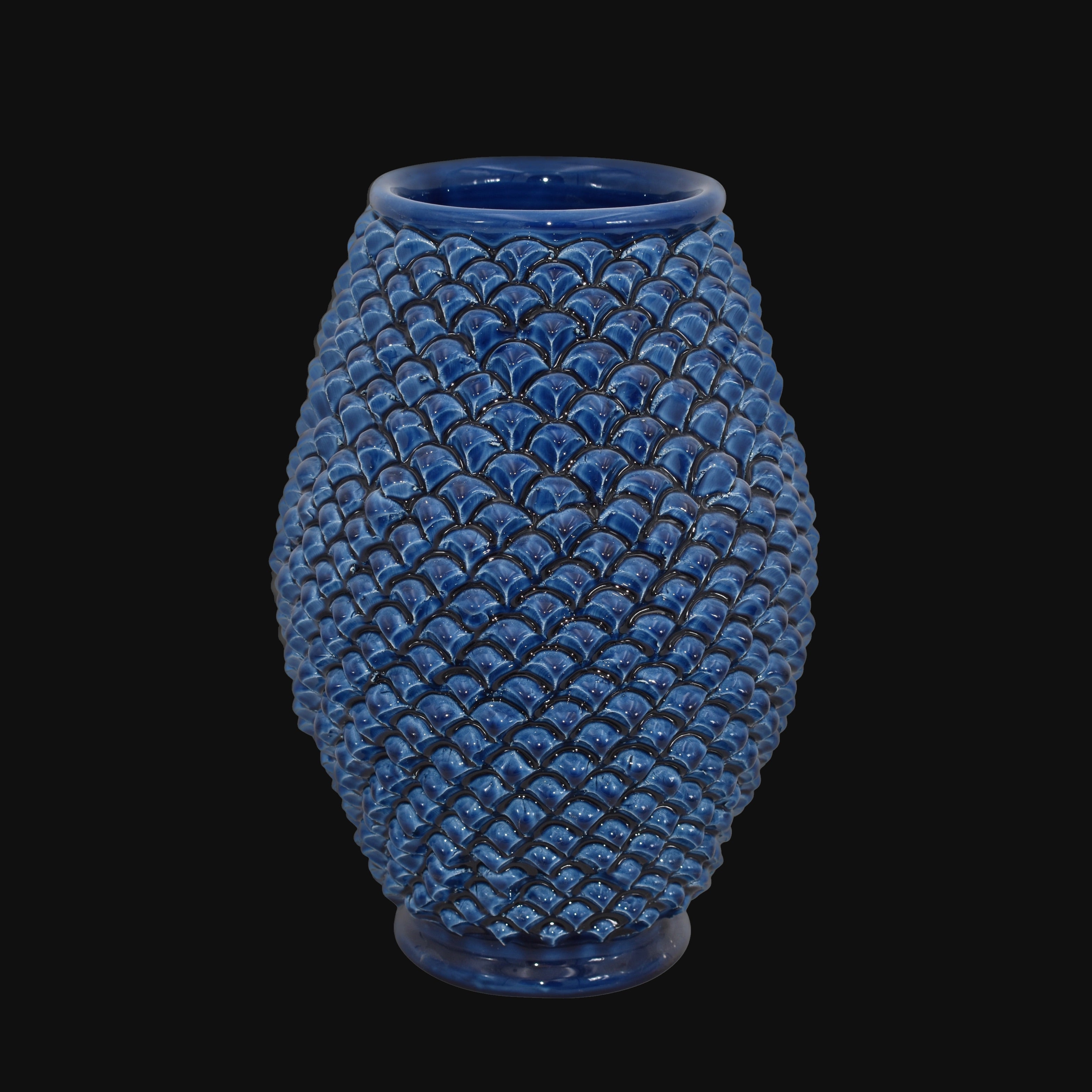 Caltagirone handmade pinecone vase modeled by hand height 25 in integral blue