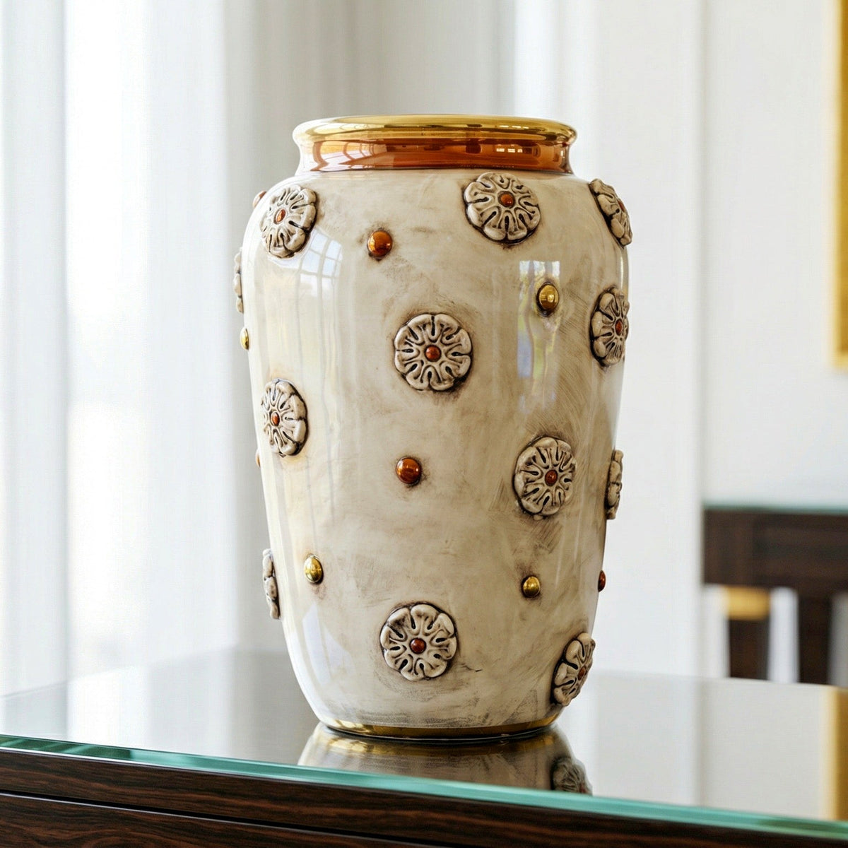 Italian Ceramic Vase with Rosette H 37 cm / 14½", Antique Mother of Pearl, Gold and Lustre – Sicilian majolica handcrafted in Caltagirone