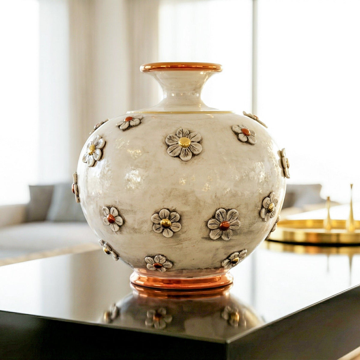 Ball Vase with Flowers H 35 cm / 13¾", Antique Mother of Pearl, Gold and Lustre – Italian ceramic from Caltagirone, Sicily