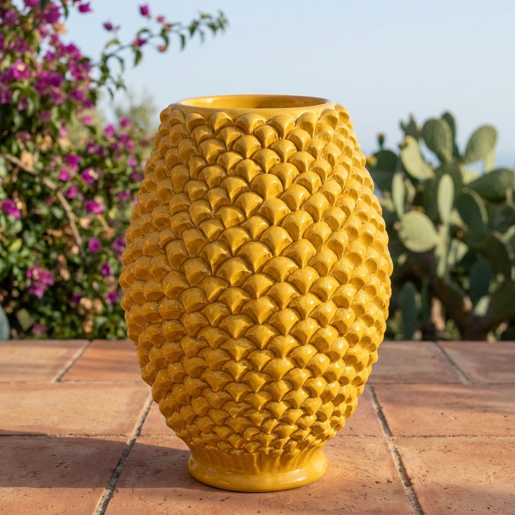 Caltagirone handmade pinecone vase modeled by hand height 25 cm in mustard