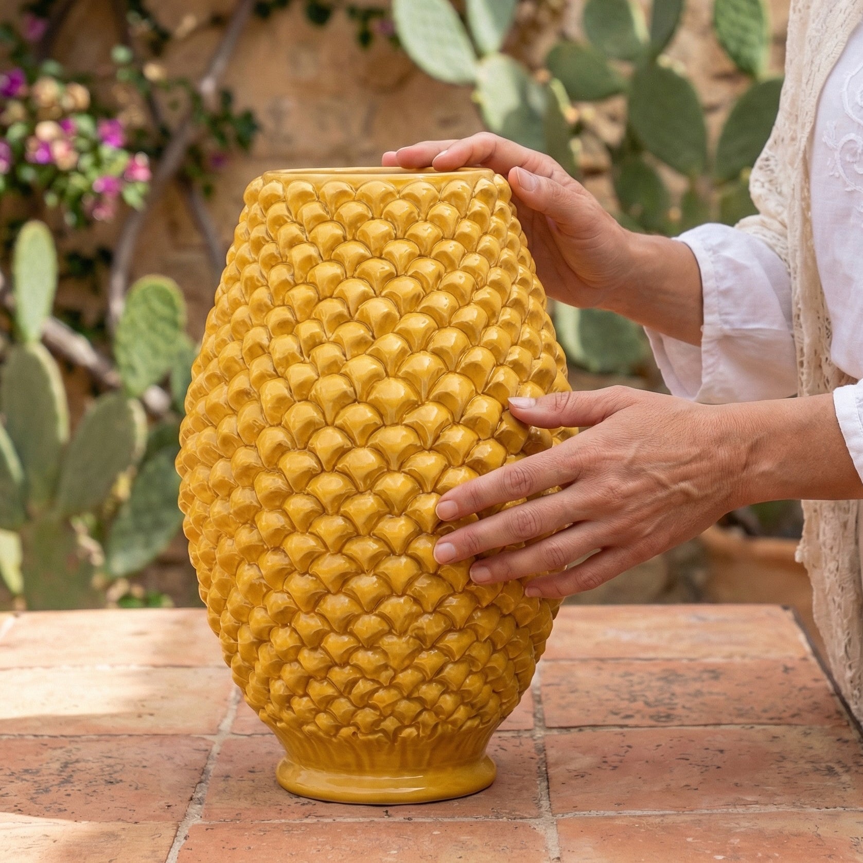 Caltagirone handmade pinecone vase modeled by hand height 25 cm in mustard