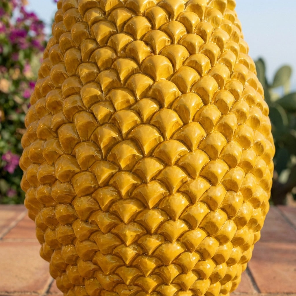 Caltagirone handmade pinecone vase modeled by hand height 25 cm in mustard