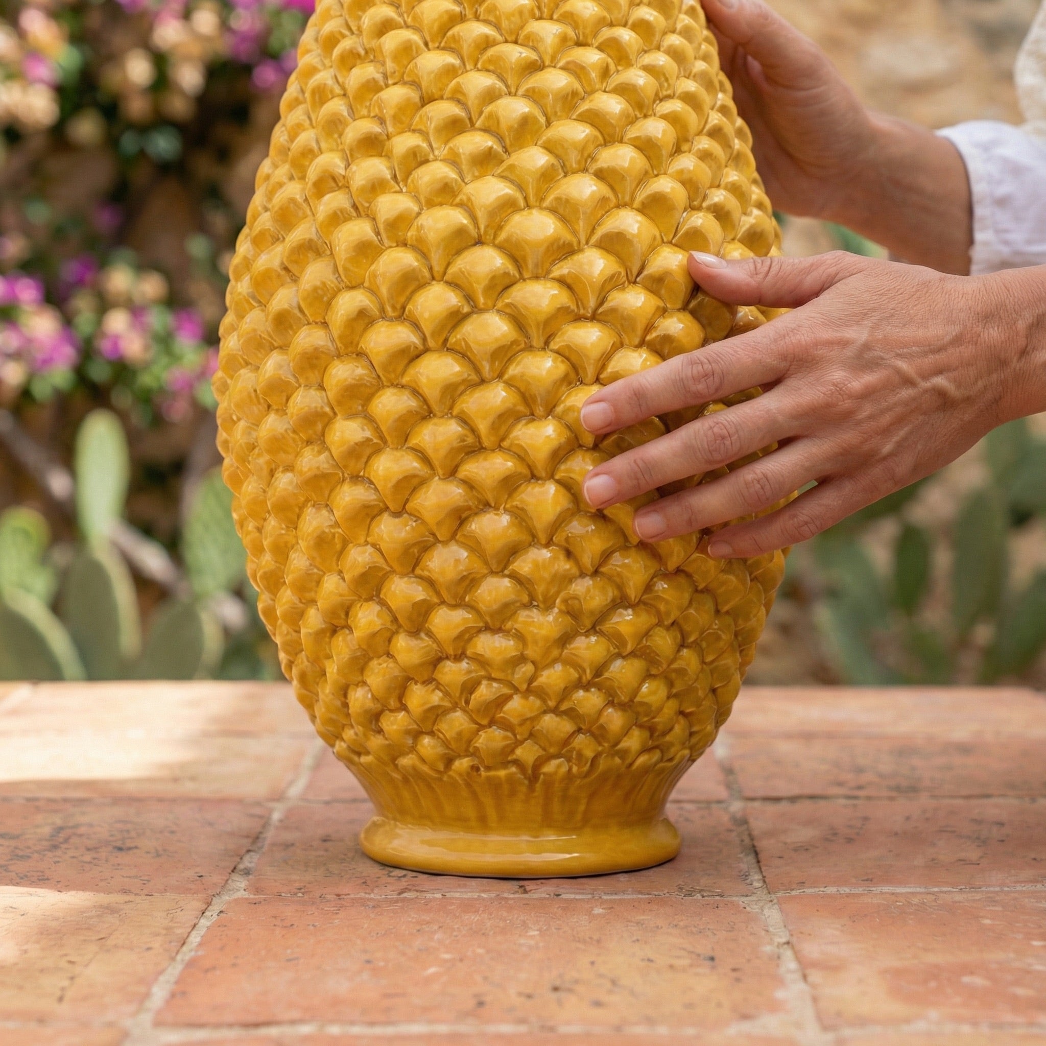 Caltagirone handmade pinecone vase modeled by hand height 25 cm in mustard