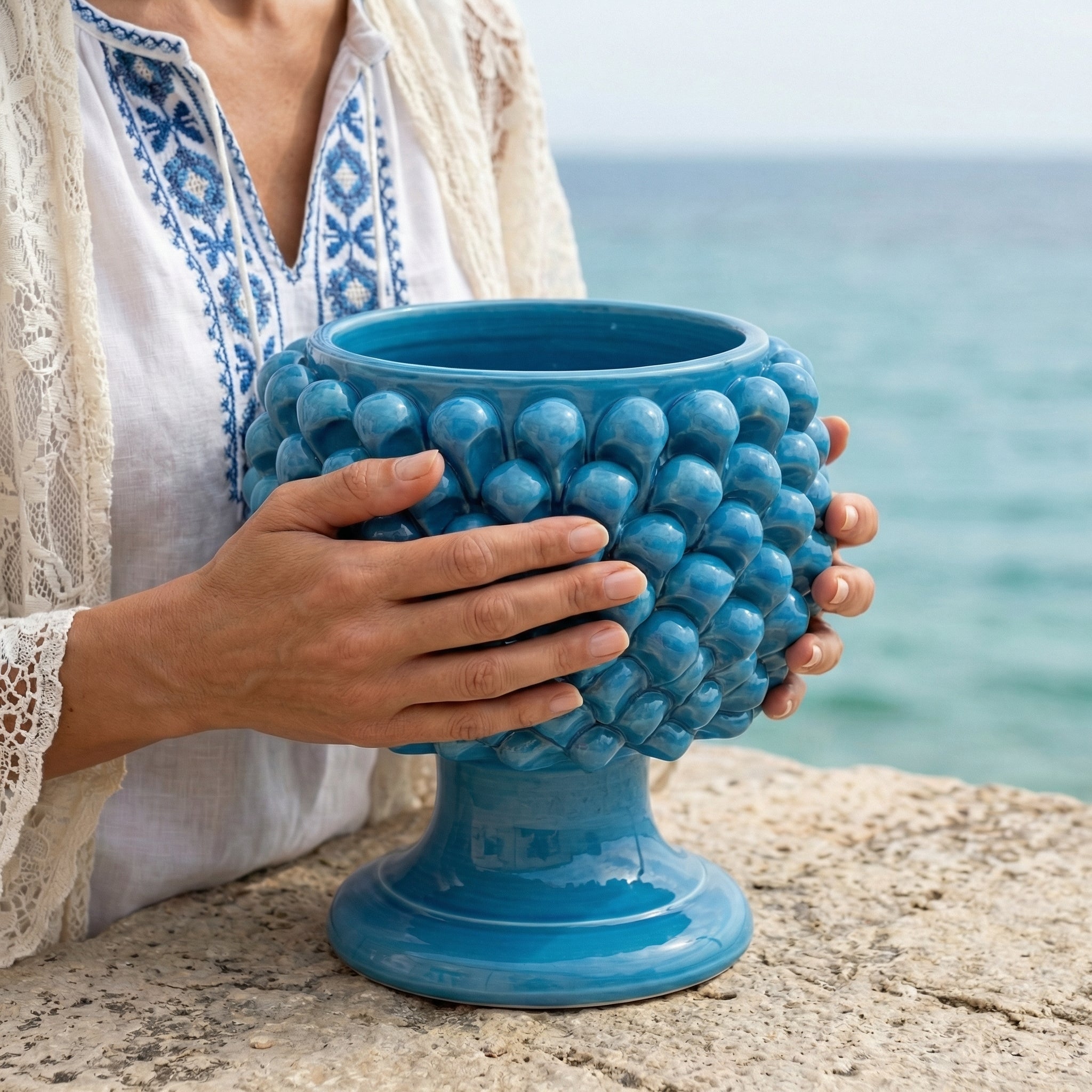 Half-pinecone turquoise ceramic vase from Caltagirone