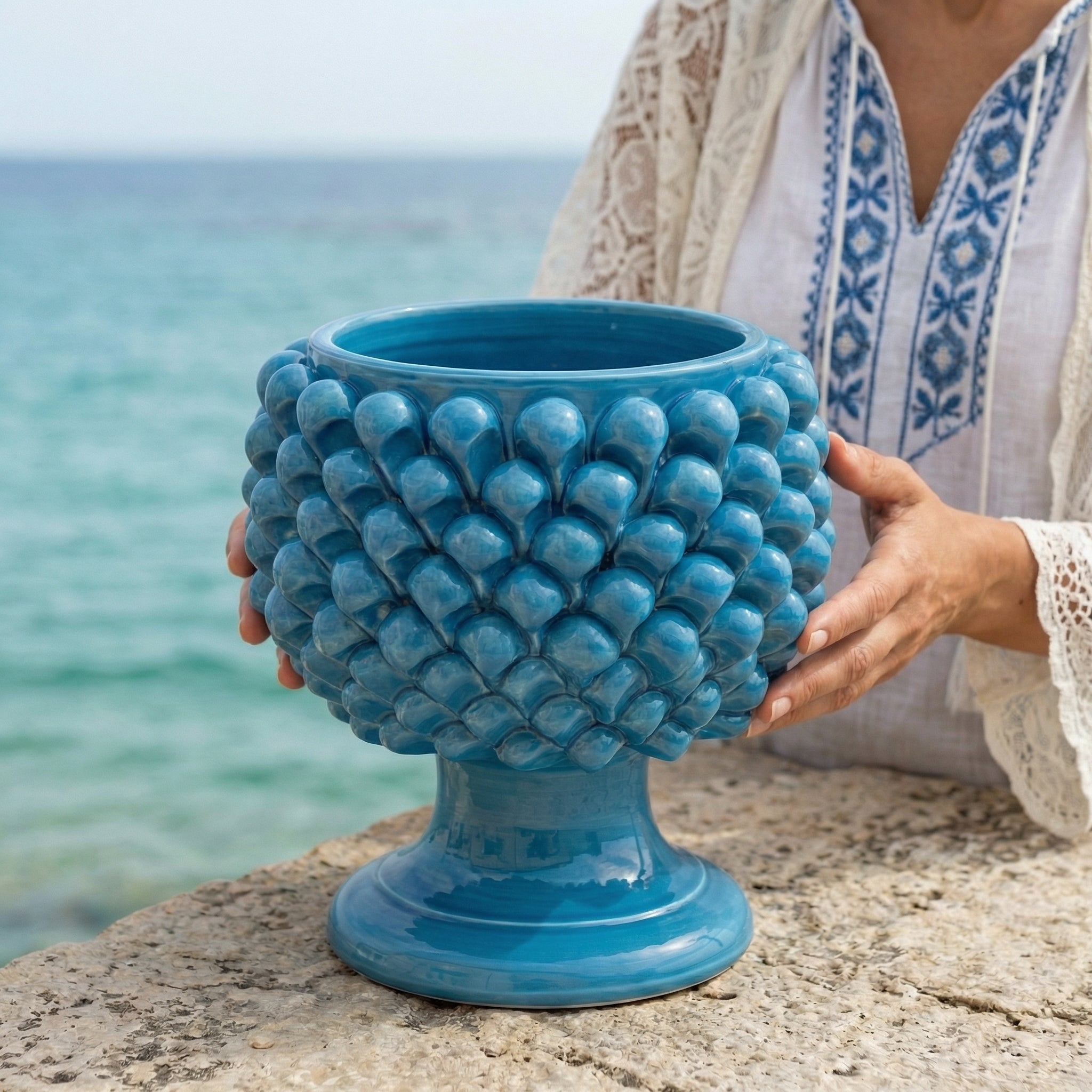 Half-pinecone turquoise ceramic vase from Caltagirone