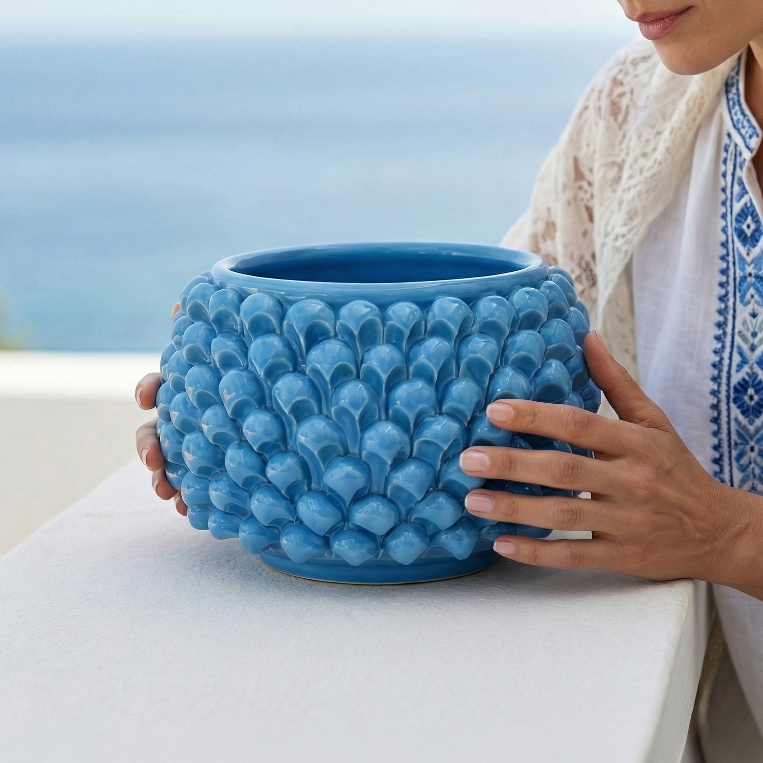 Half-pine cone vase without foot, turquoise, in Caltagirone ceramic