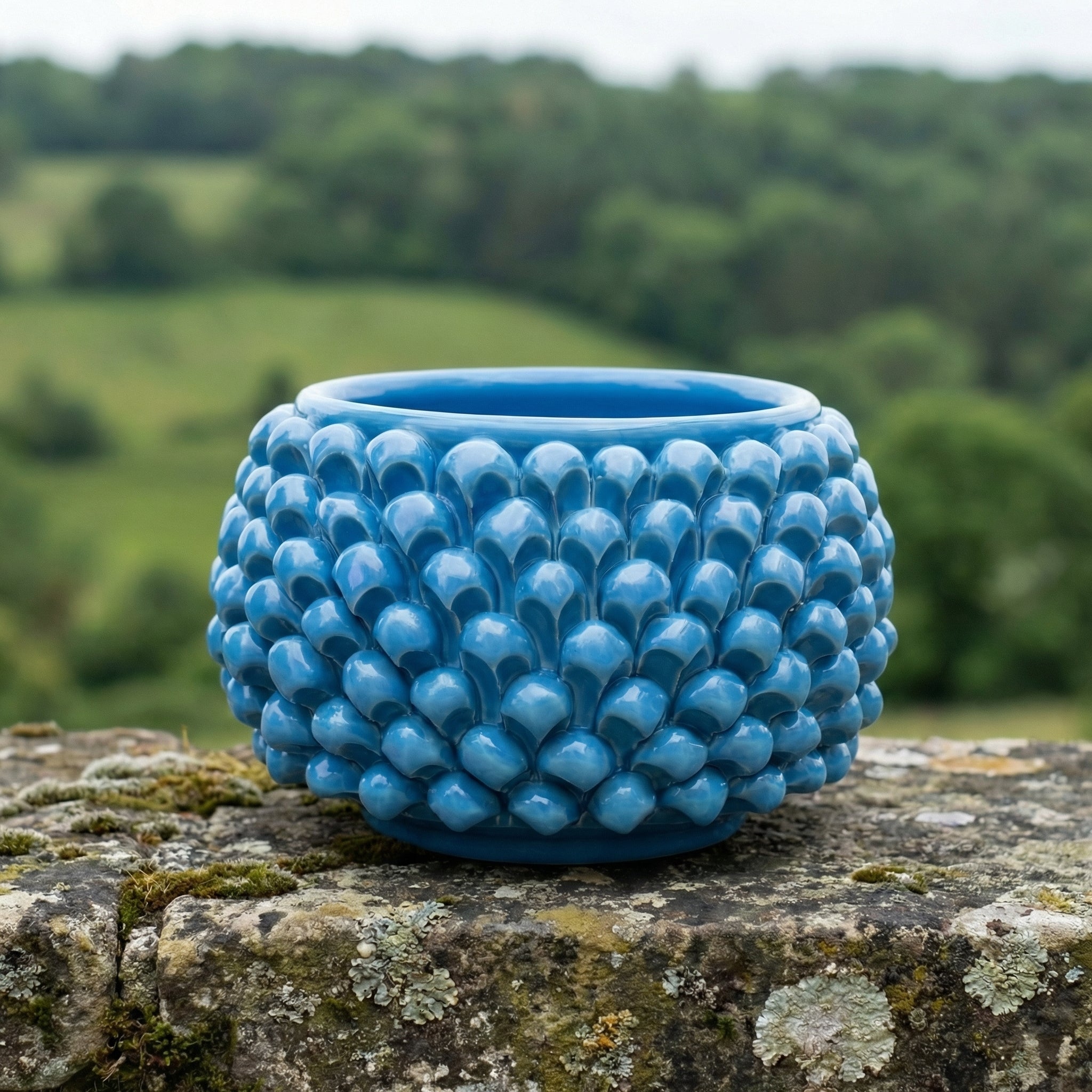 Half-pine cone vase without foot, turquoise, in Caltagirone ceramic