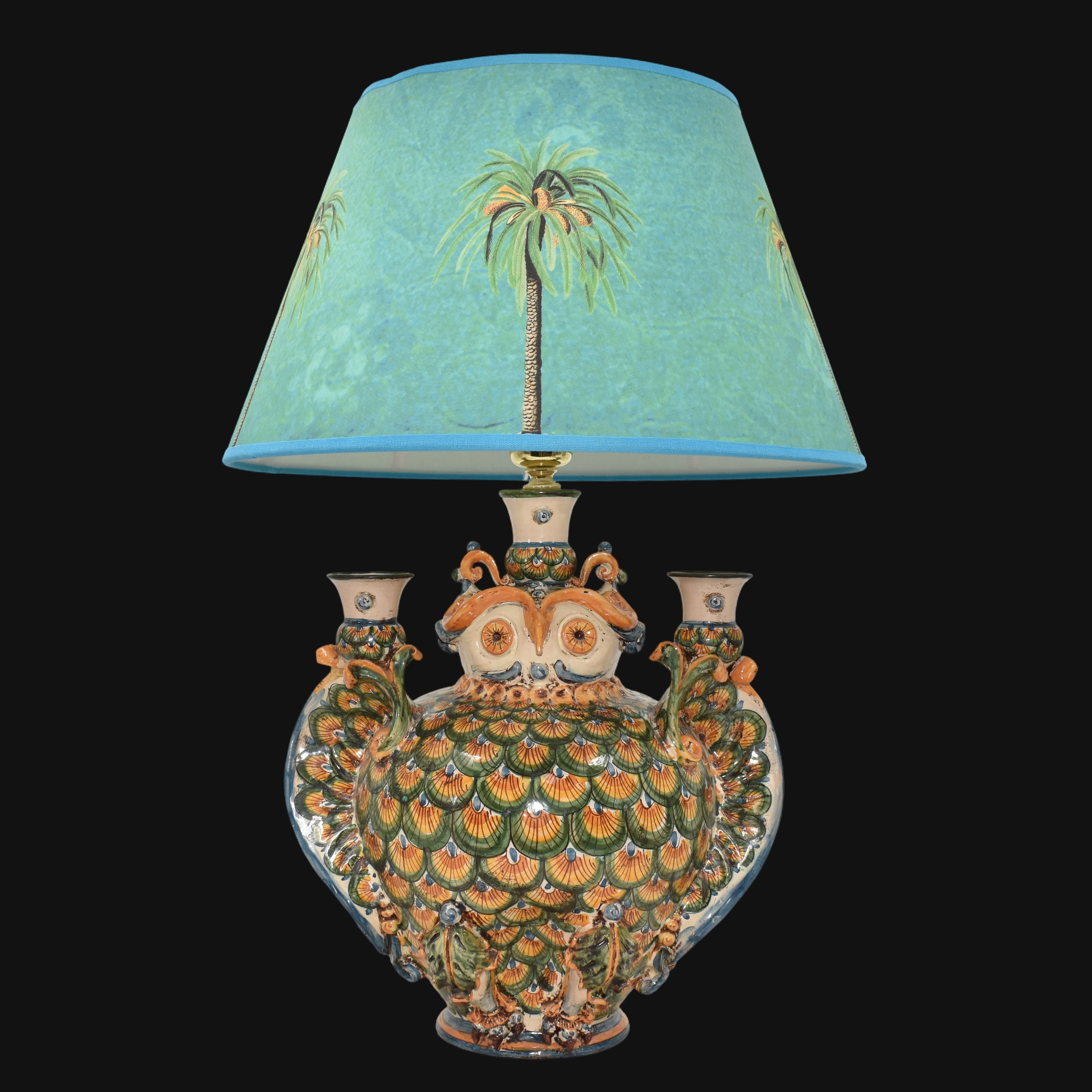 Lume a gufo c/portacandele h 35 coda pavone verde/arancio (h60 c/paralume Ø40)