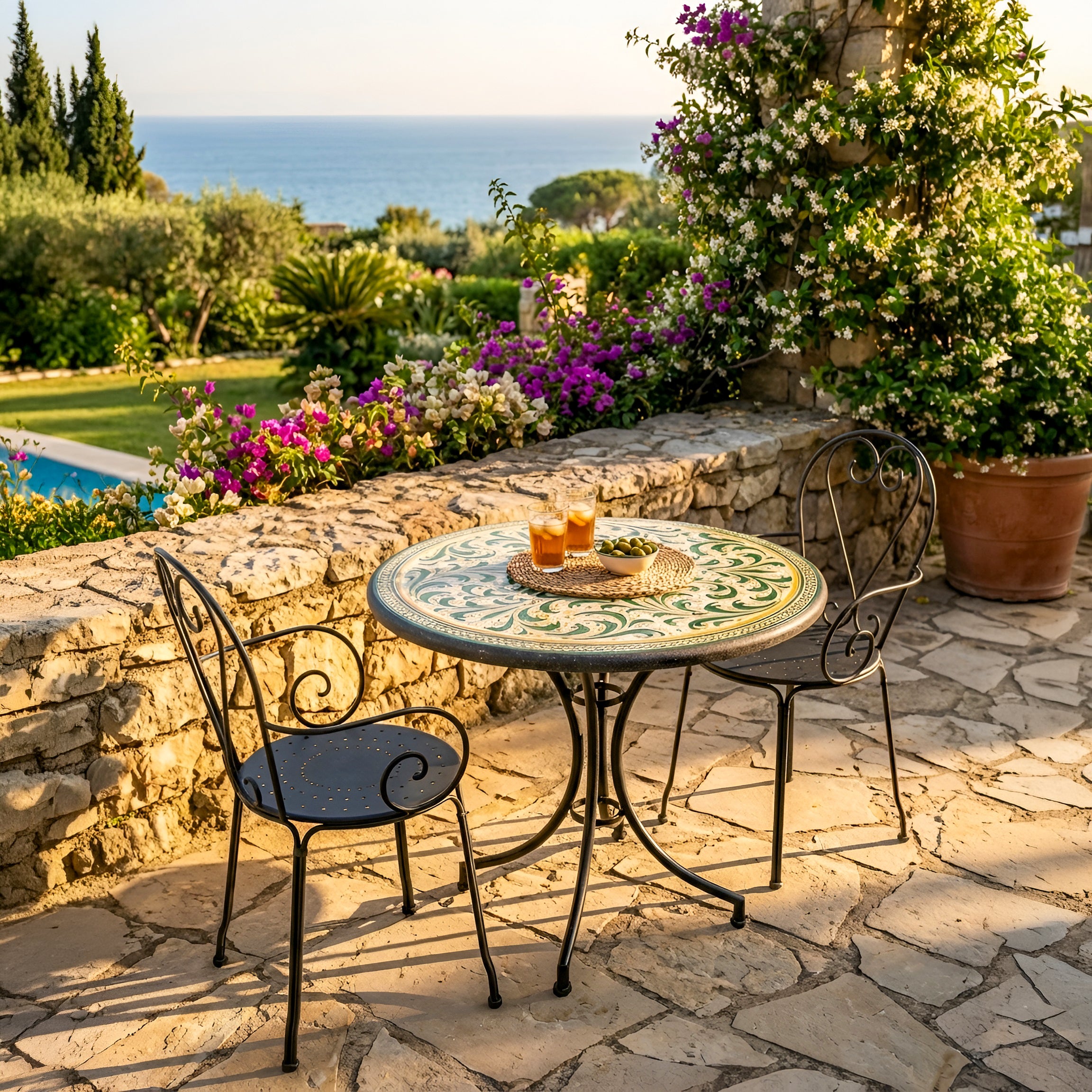 Sicilian Lava Stone Table, Green and Orange – Caltagirone Ceramic – Sicilian artisan tradition