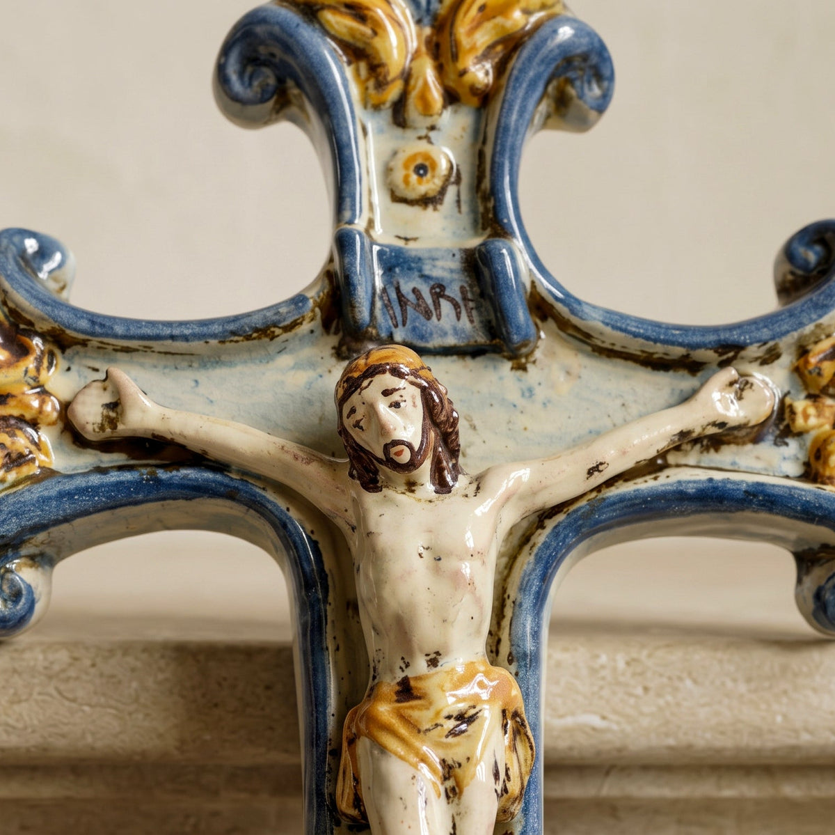 Sicilian Ceramic Crucifix 16×24 cm / 6×9", Blue and Orange – Sicilian religious tradition from Caltagirone