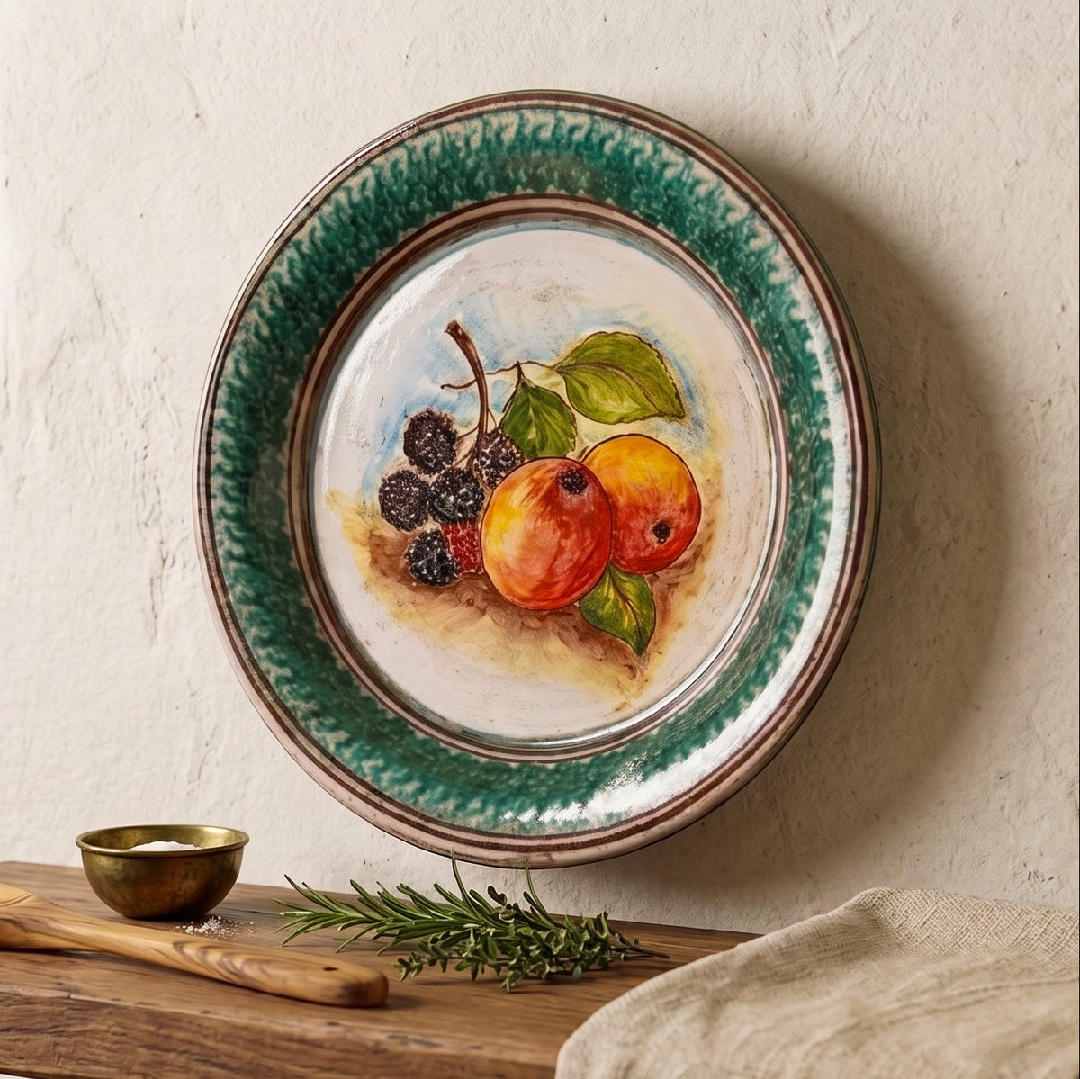 Sicilian Fangotto Deep Plate Ø 25/30/35 cm / 9¾-13¾", Pomegranate and Blackberries, Antique Reproductions – Italian ceramic from Caltagirone, Sicily