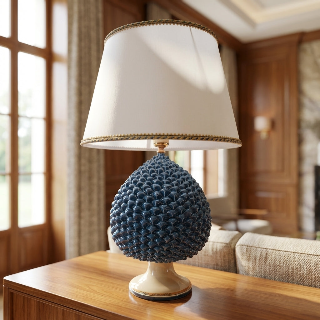 Sicilian Pine Cone Lamp, Blue and Orange – Italian ceramic from Caltagirone, Sicily