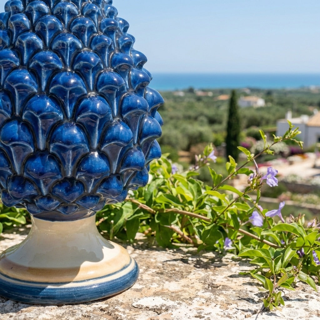 Caltagirone handmade pinecone modeled by hand height 15/35 Blue and orange
