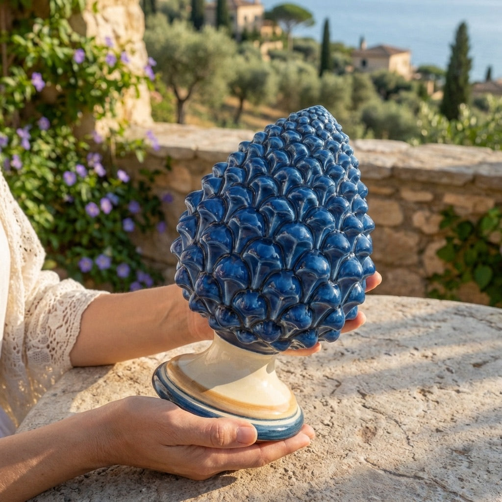 Caltagirone handmade pinecone modeled by hand height 15/35 Blue and orange
