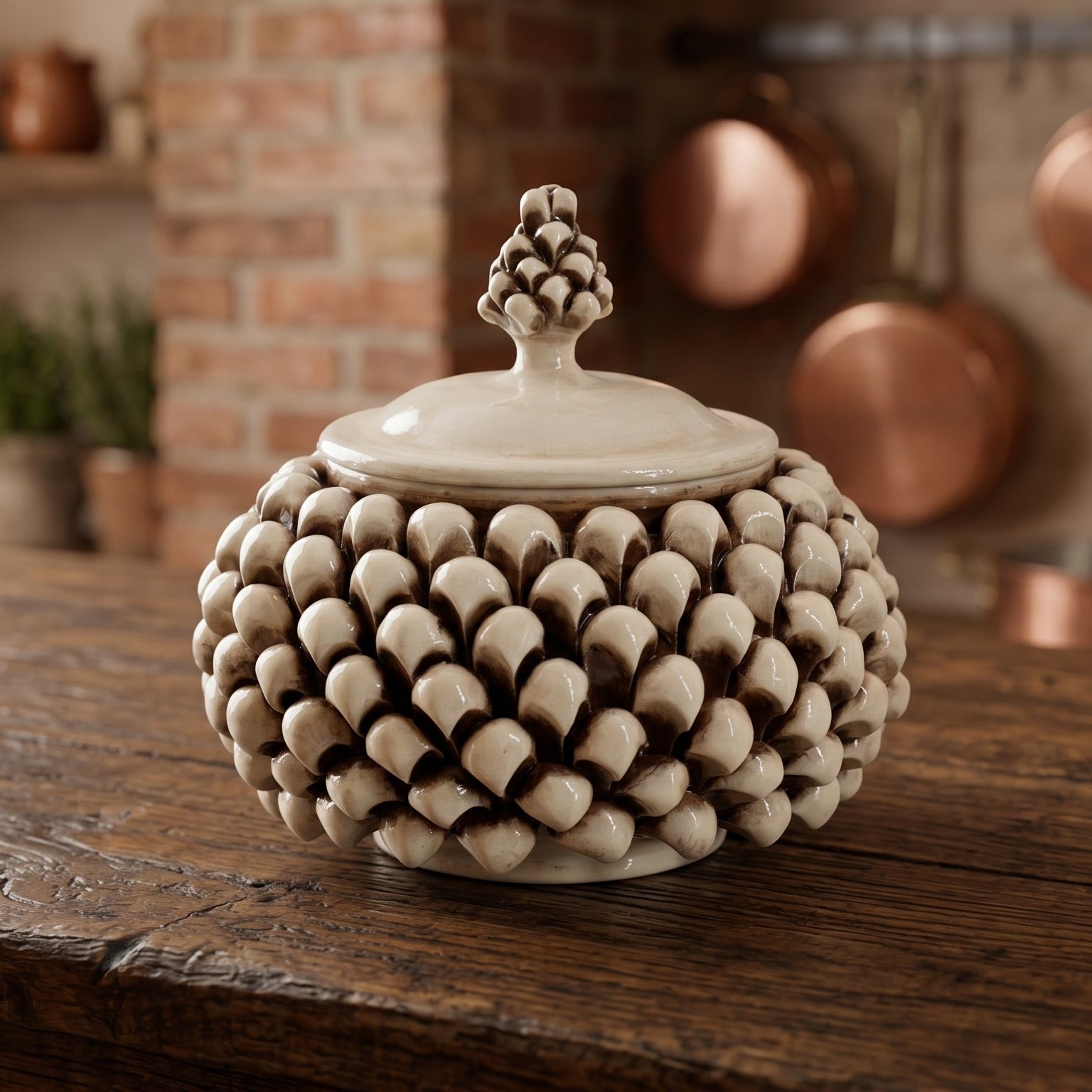 Sicilian Pine Cone Cookie Jar Ø 20 cm / Ø 7.9", Antique Mother of Pearl – Sicilian tradition from Caltagirone