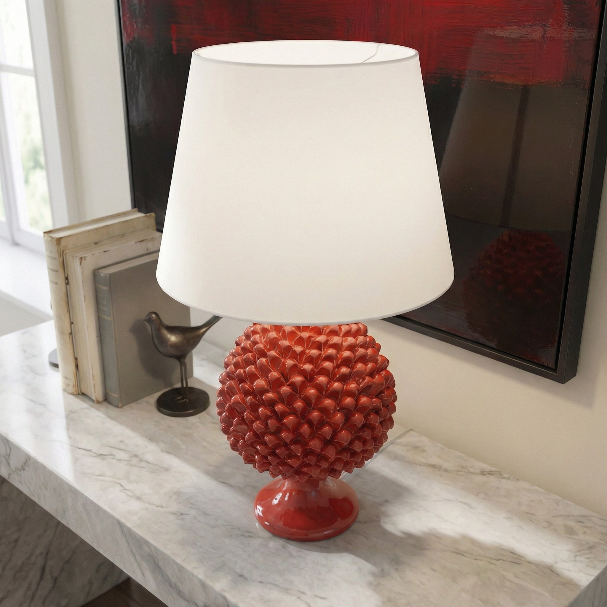 Sicilian Pine Cone Lamp, Fire Red – Caltagirone Ceramic – Italian ceramic lamp tradition