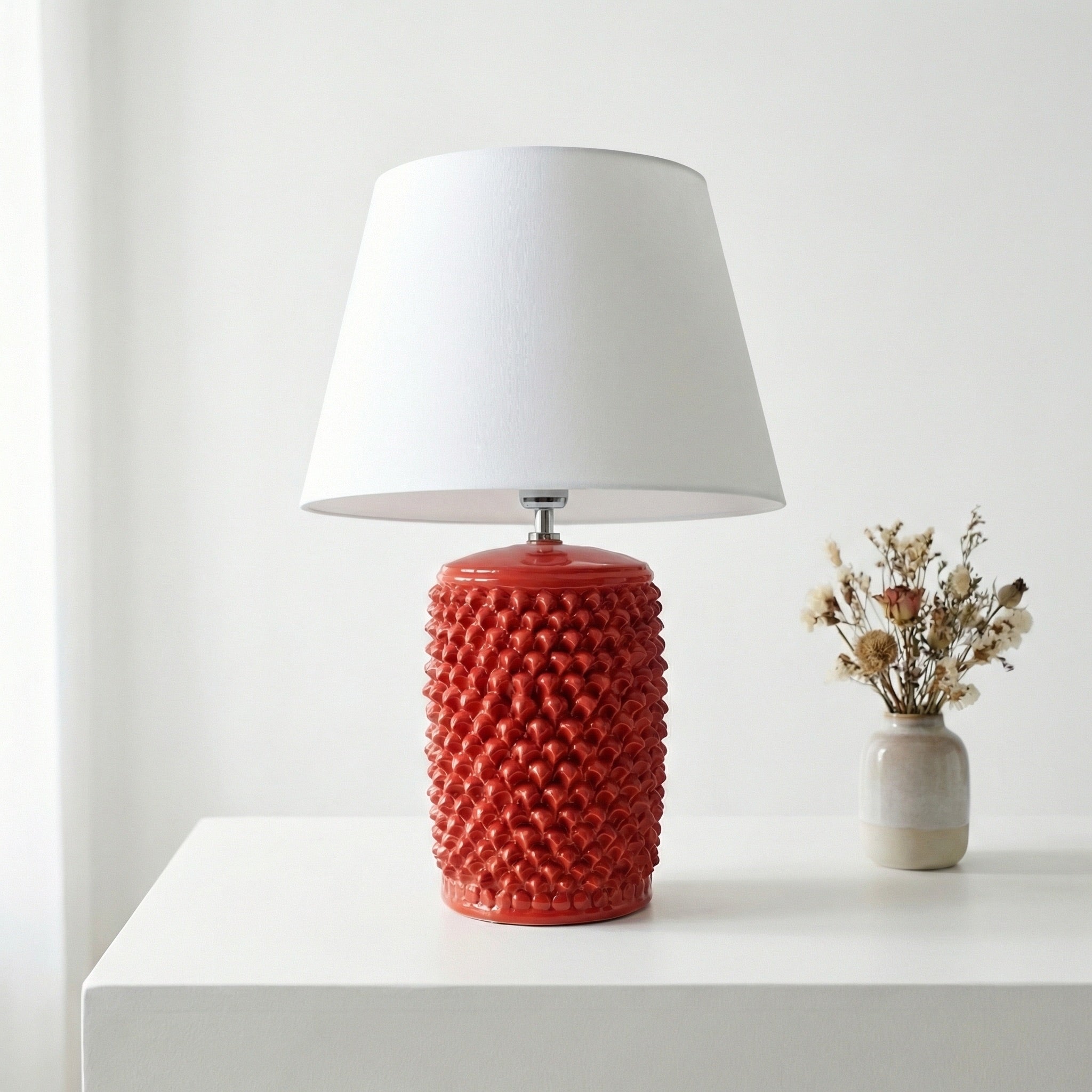 60 cm tall, red, cylindrical pine cone lamp in Caltagirone ceramic.