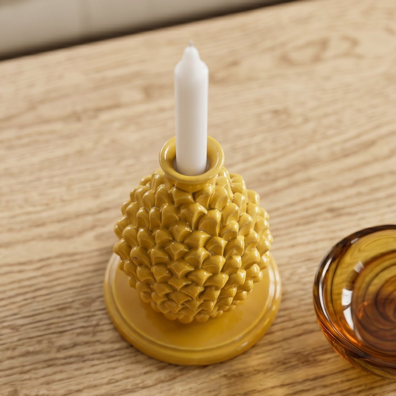 Sicilian Pine Cone Candle Holder H 18 cm / 7.1", Mustard – Caltagirone Ceramic – Sicilian Pine Cone Tradition