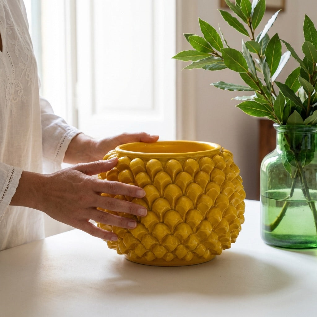 Caltagirone ceramic mustard-colored half-pine cone vase without foot