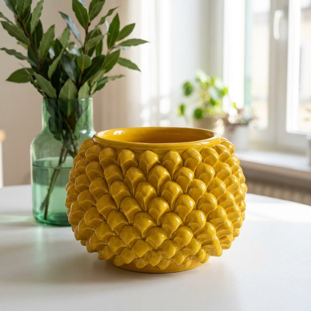 Caltagirone ceramic mustard-colored half-pine cone vase without foot