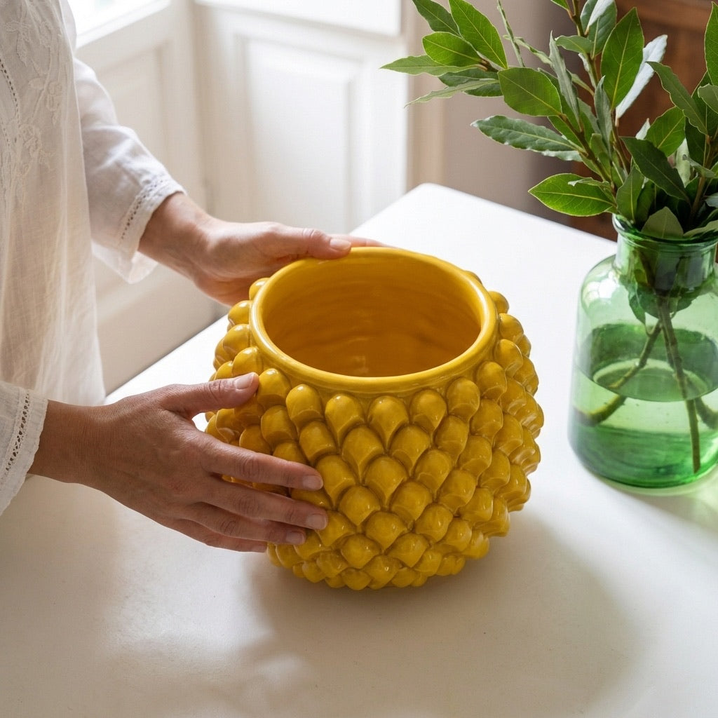 Caltagirone ceramic mustard-colored half-pine cone vase without foot