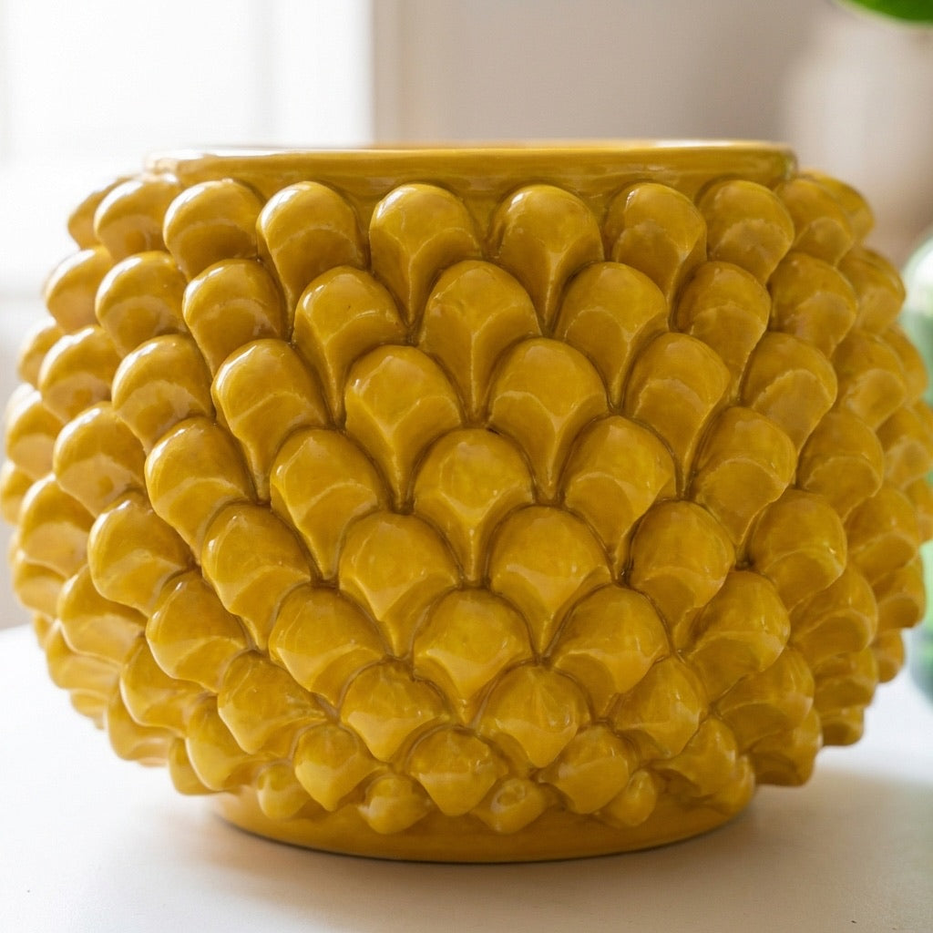 Caltagirone ceramic mustard-colored half-pine cone vase without foot