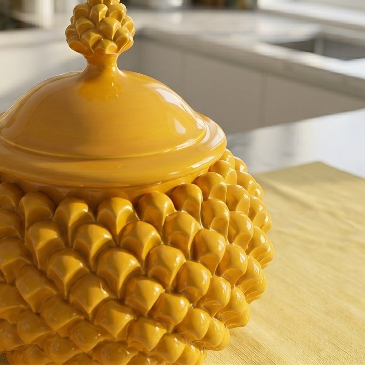 Pine cone-shaped biscuit jar, Ø 20 cm, mustard-colored, in Caltagirone ceramic.