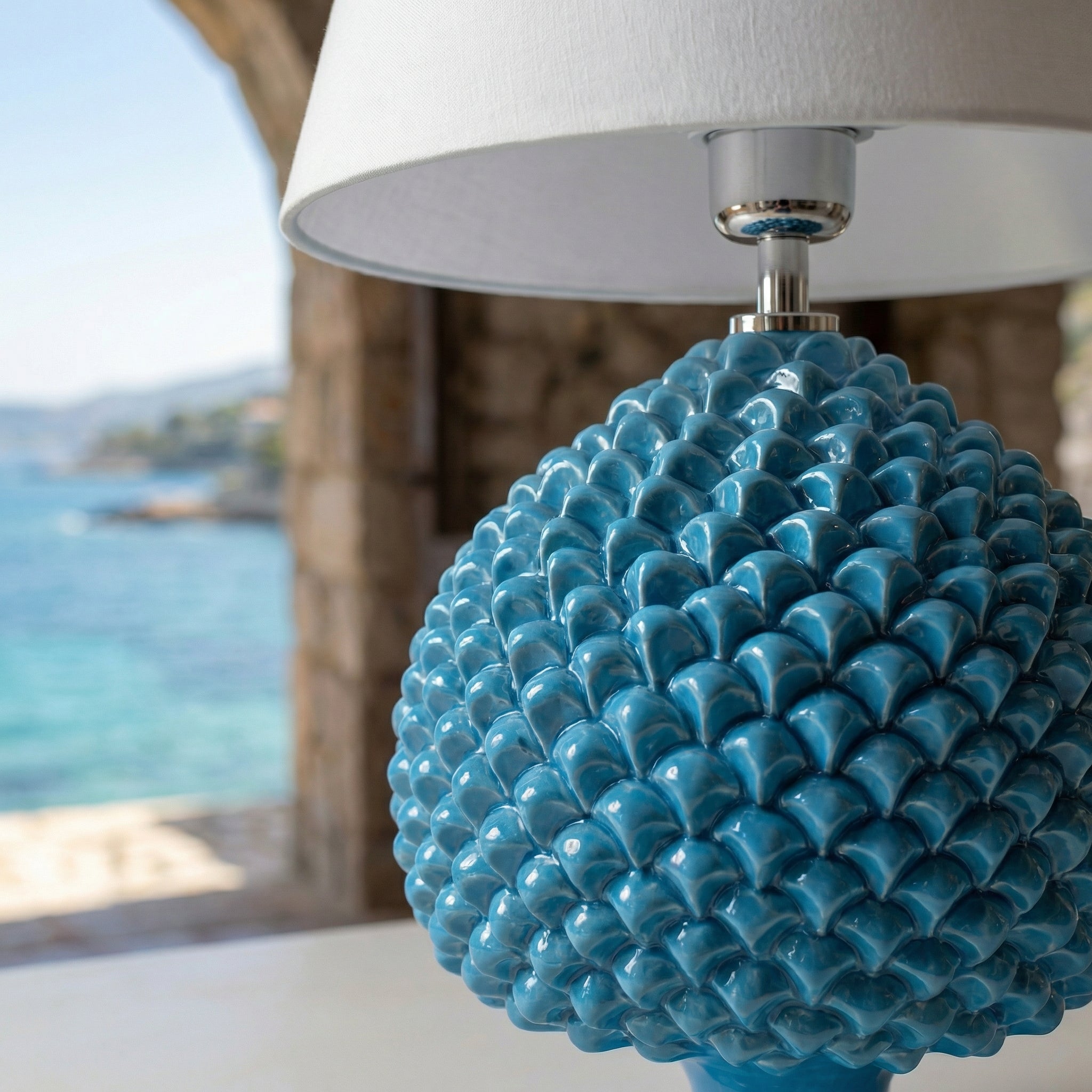 Sicilian Pine Cone Lamp, Turquoise – Sicilian ceramic lamp handcrafted in Caltagirone