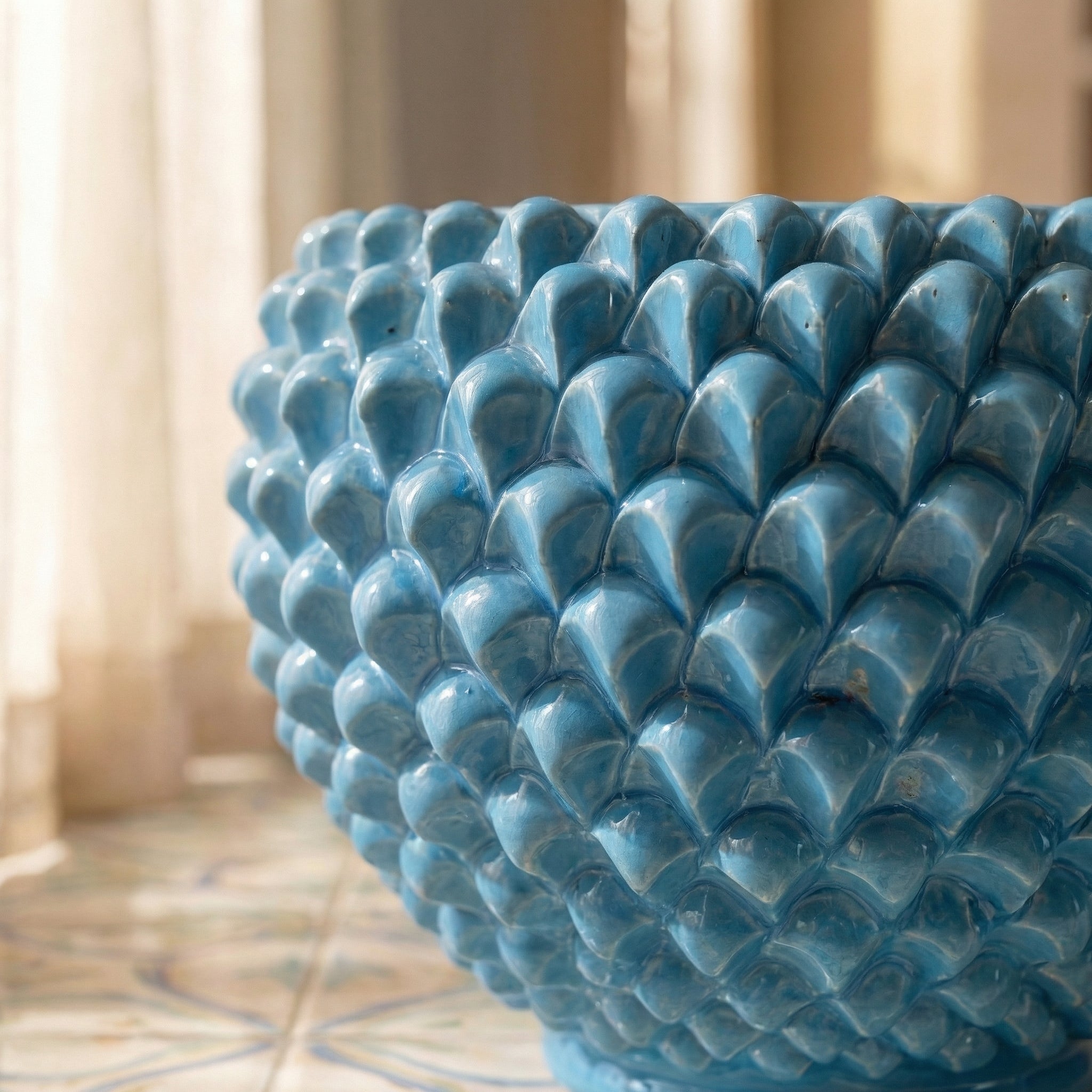 Pine Cone Cachepot, Turquoise – Italian ceramic from Caltagirone, Sicily