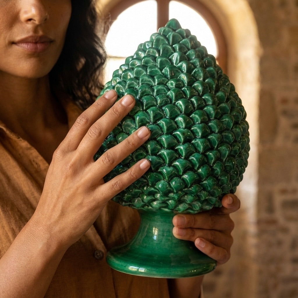 Caltagirone handmade pinecone modeled by hand height 25/40 in integral green