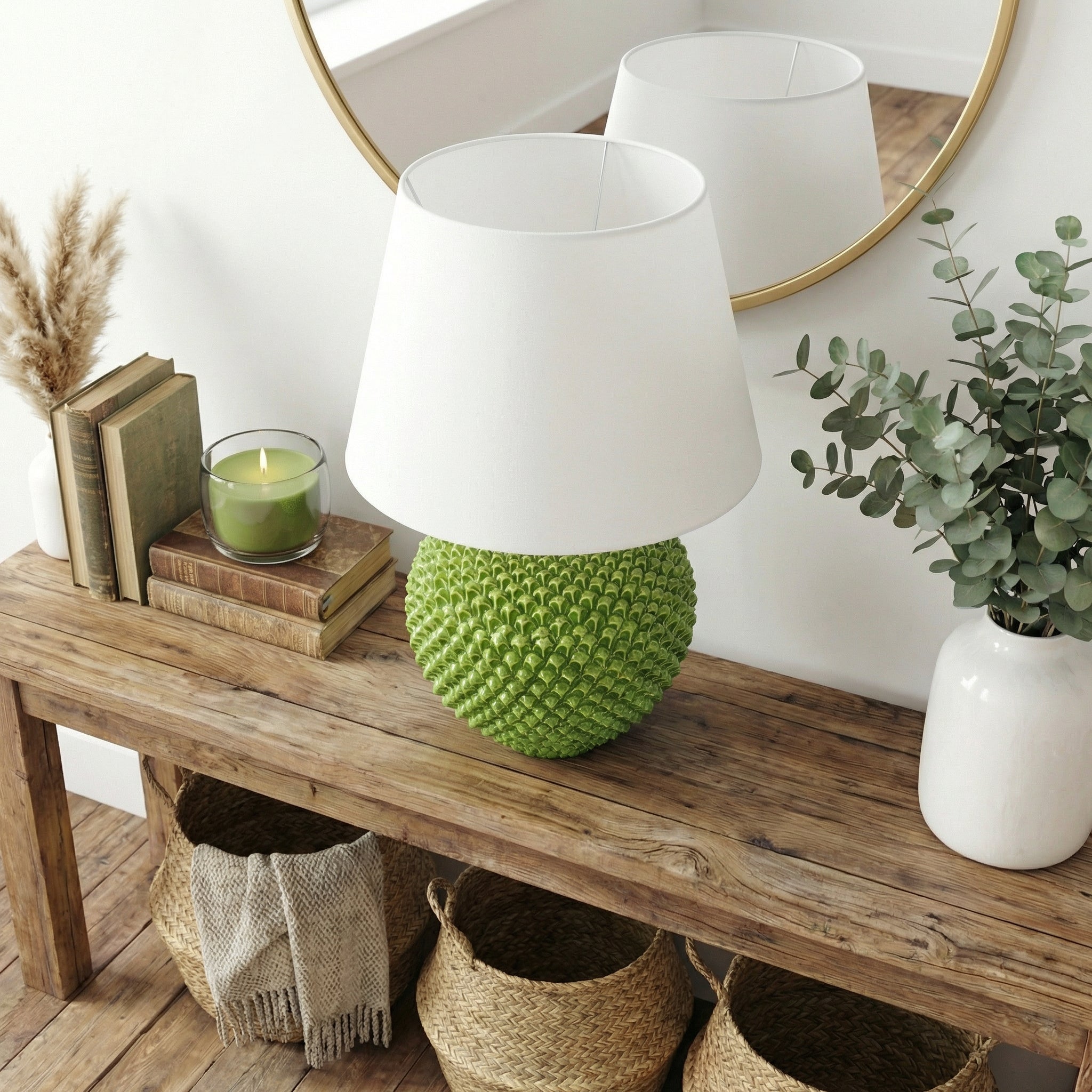 Pine cone ball lamp in various sizes, decorated in green leaf in Caltagirone ceramic.