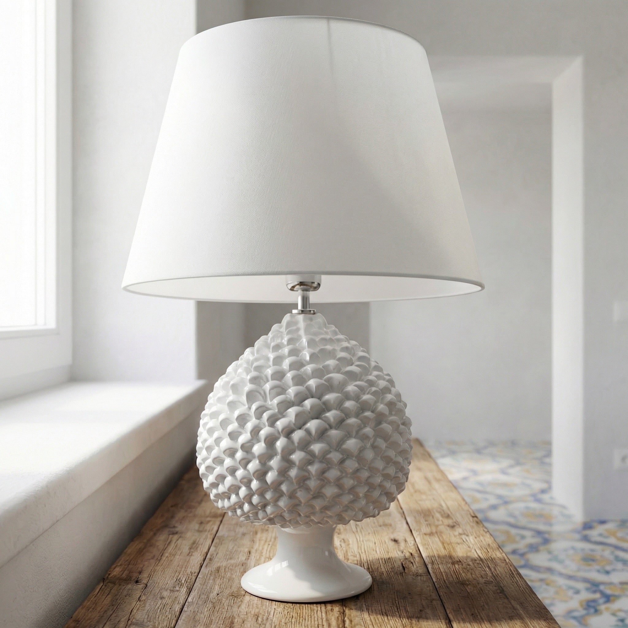 Sicilian Pine Cone Lamp, White Line – Italian ceramic from Caltagirone, Sicily
