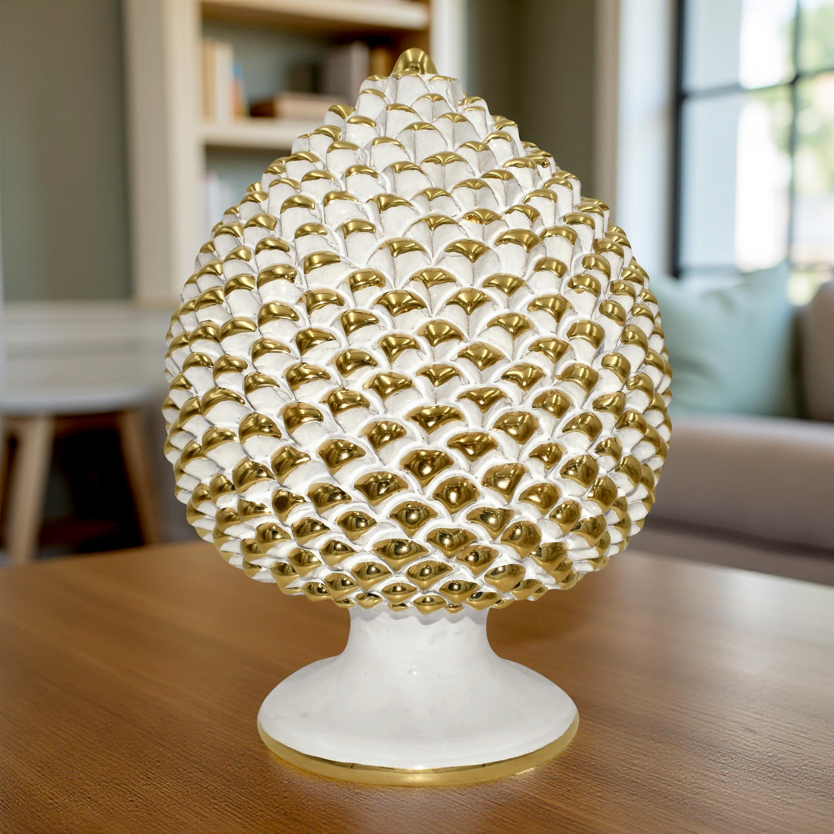 Hand-modeled pinecone from Caltagirone with pure gold, height 30 white gold