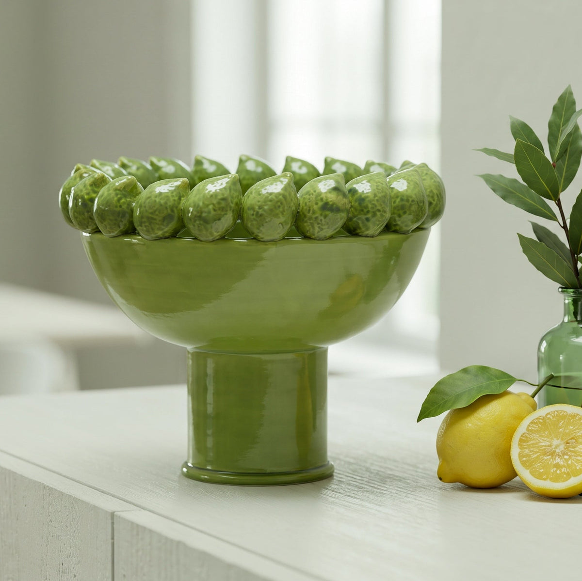 Alzata con Limoni Siciliani - Verde foglia, Stile Moderno | Ceramica Caltagirone