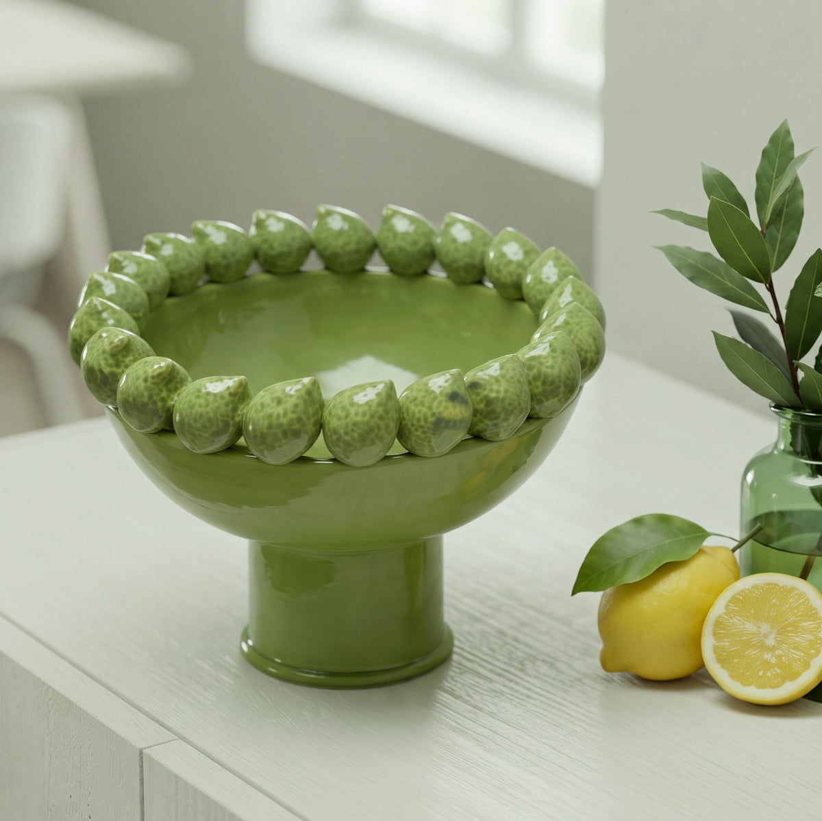 Alzata con Limoni Siciliani - Verde foglia, Stile Moderno | Ceramica Caltagirone